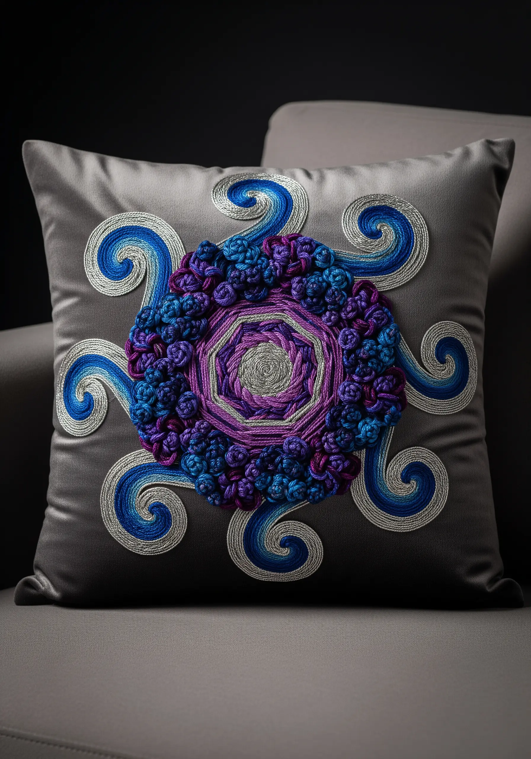 3D embroidered mandala on a satin pillow with couched blue and purple yarn swirls and textured knots.