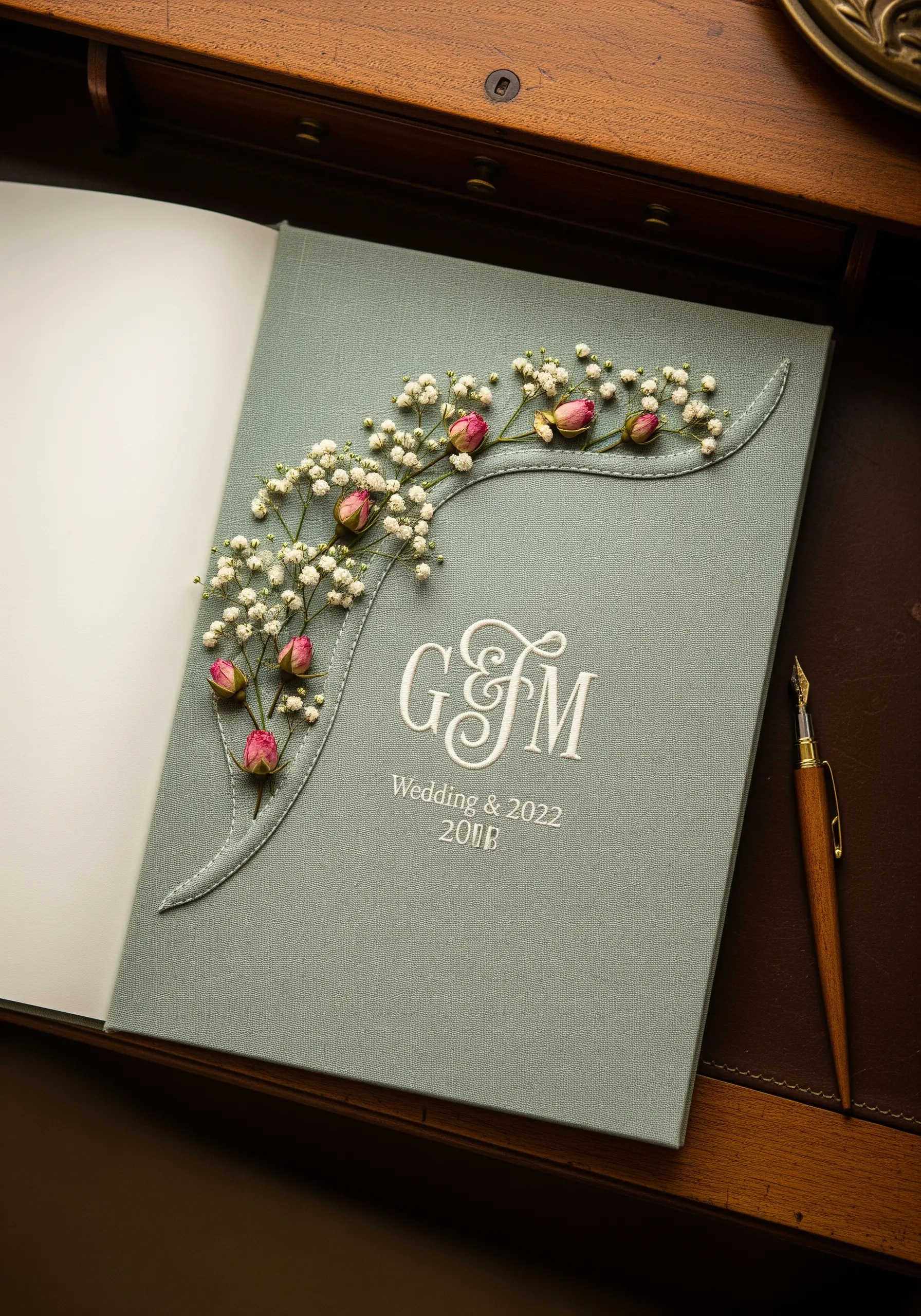 Wedding guest book with an embroidered stem and a spray of pressed baby's breath and rosebuds.