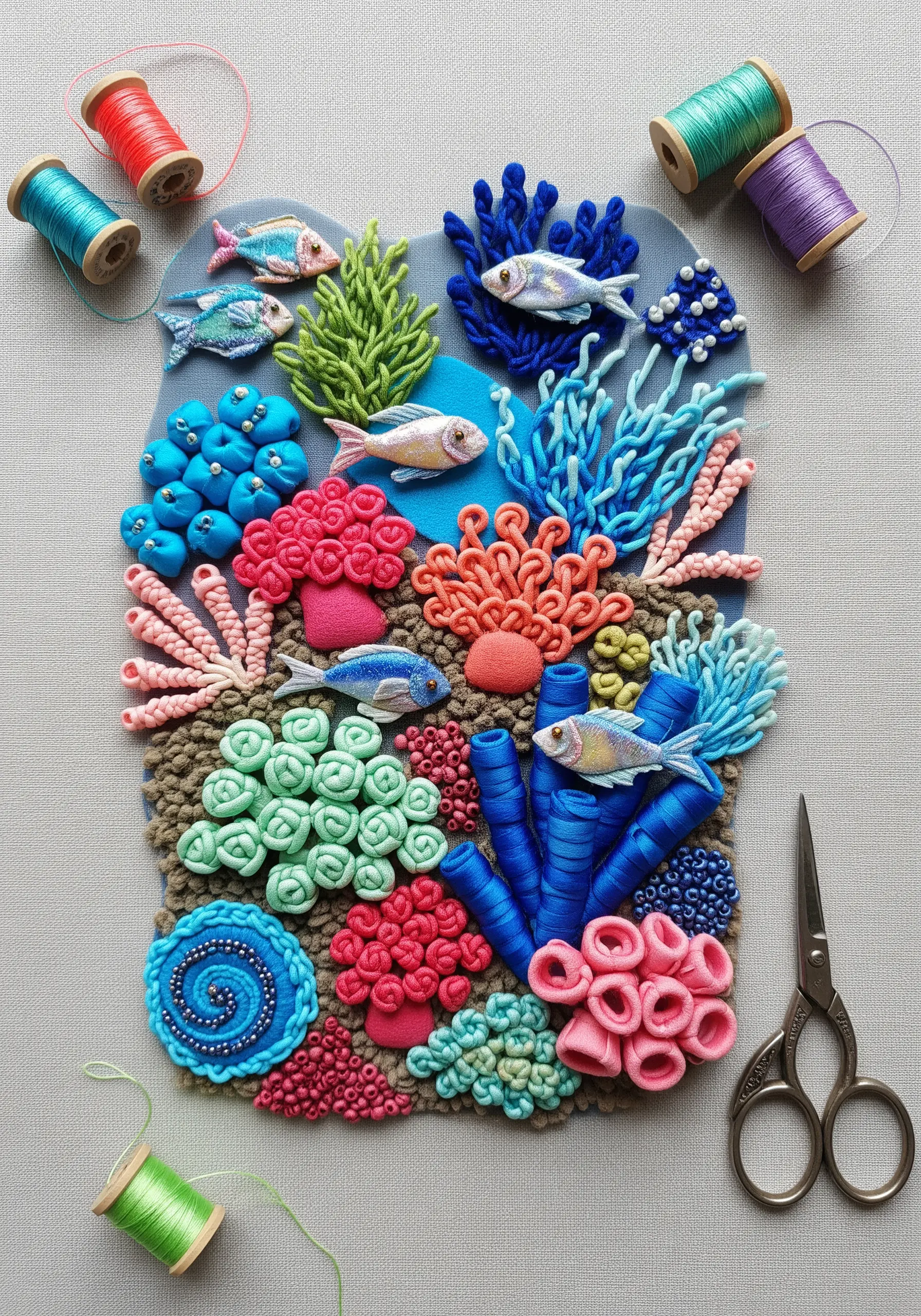 3D embroidery coral reef with yarn, felt, and various dimensional stitches.