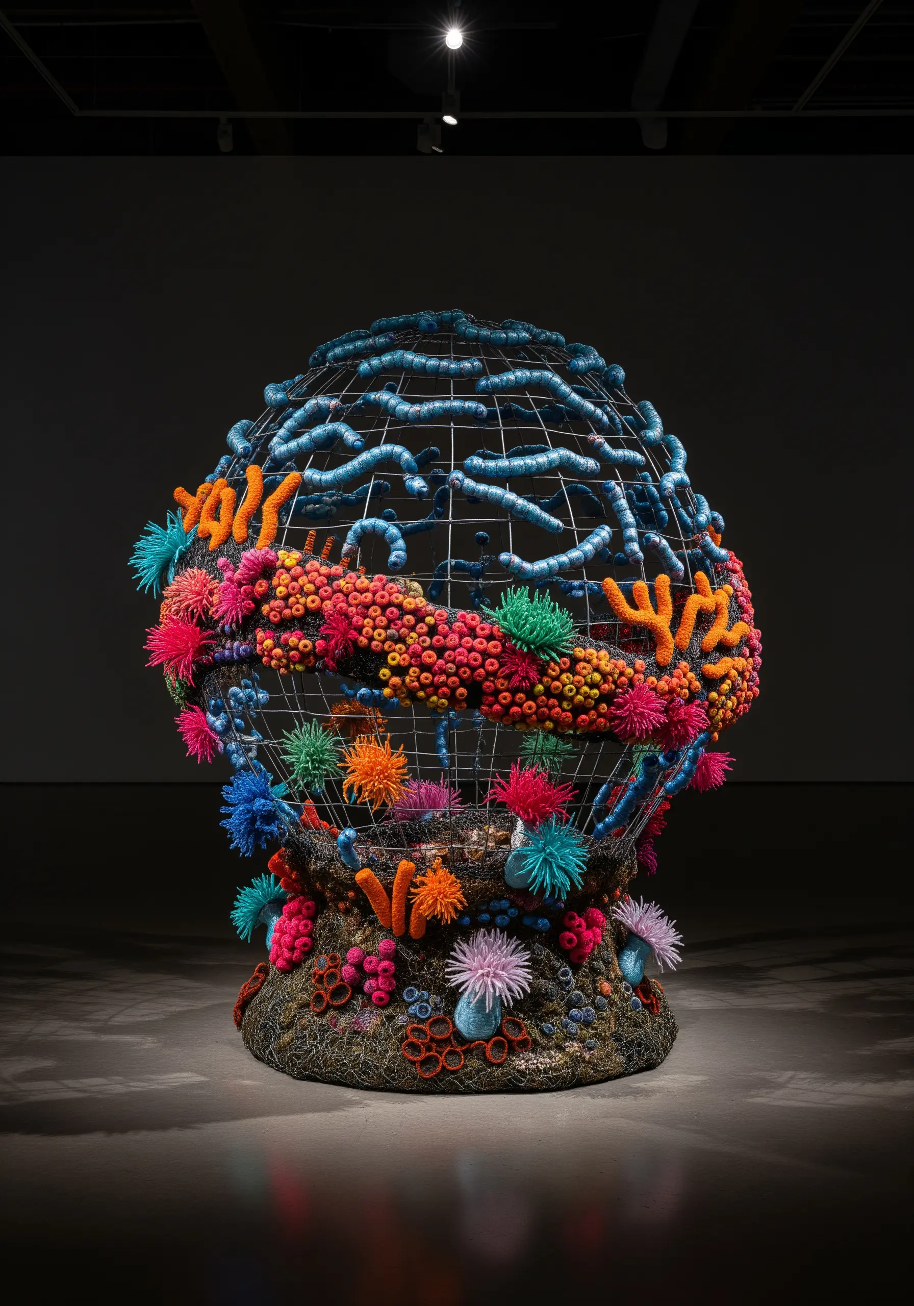 A 3D sculptural embroidery of a coral reef built on a spherical wire frame.