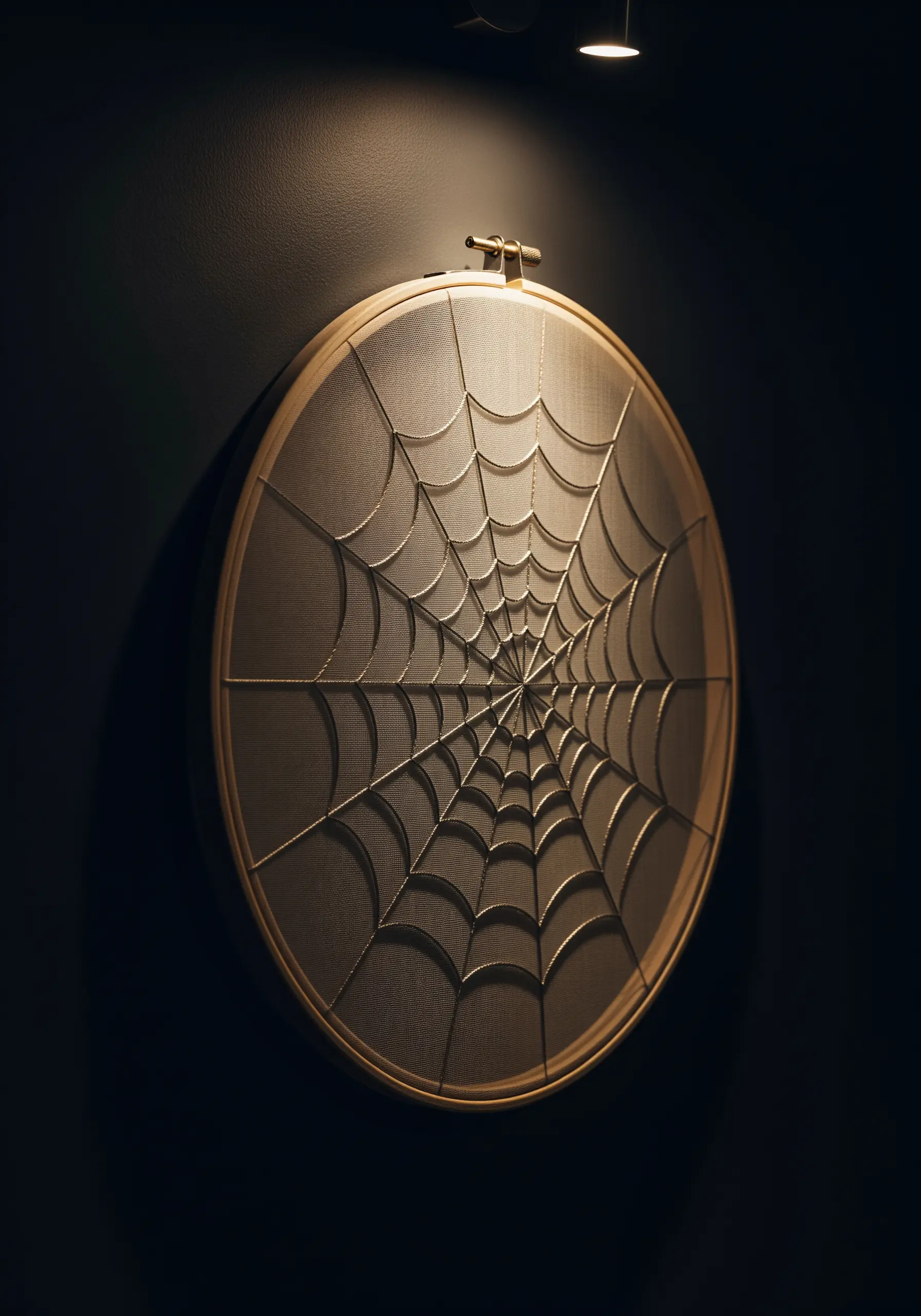 A sculptural spiderweb embroidered with thick silver cord on sheer fabric in a hoop.