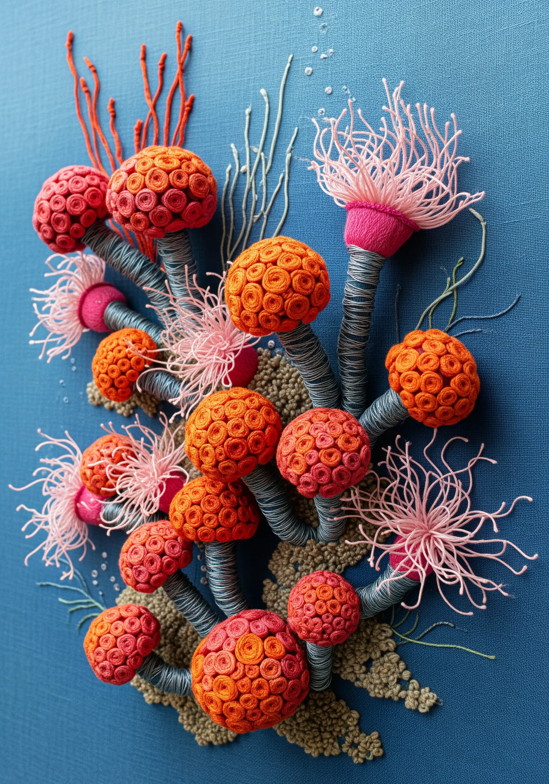 3D stumpwork embroidery of sea anemones using French knots and turkey work.