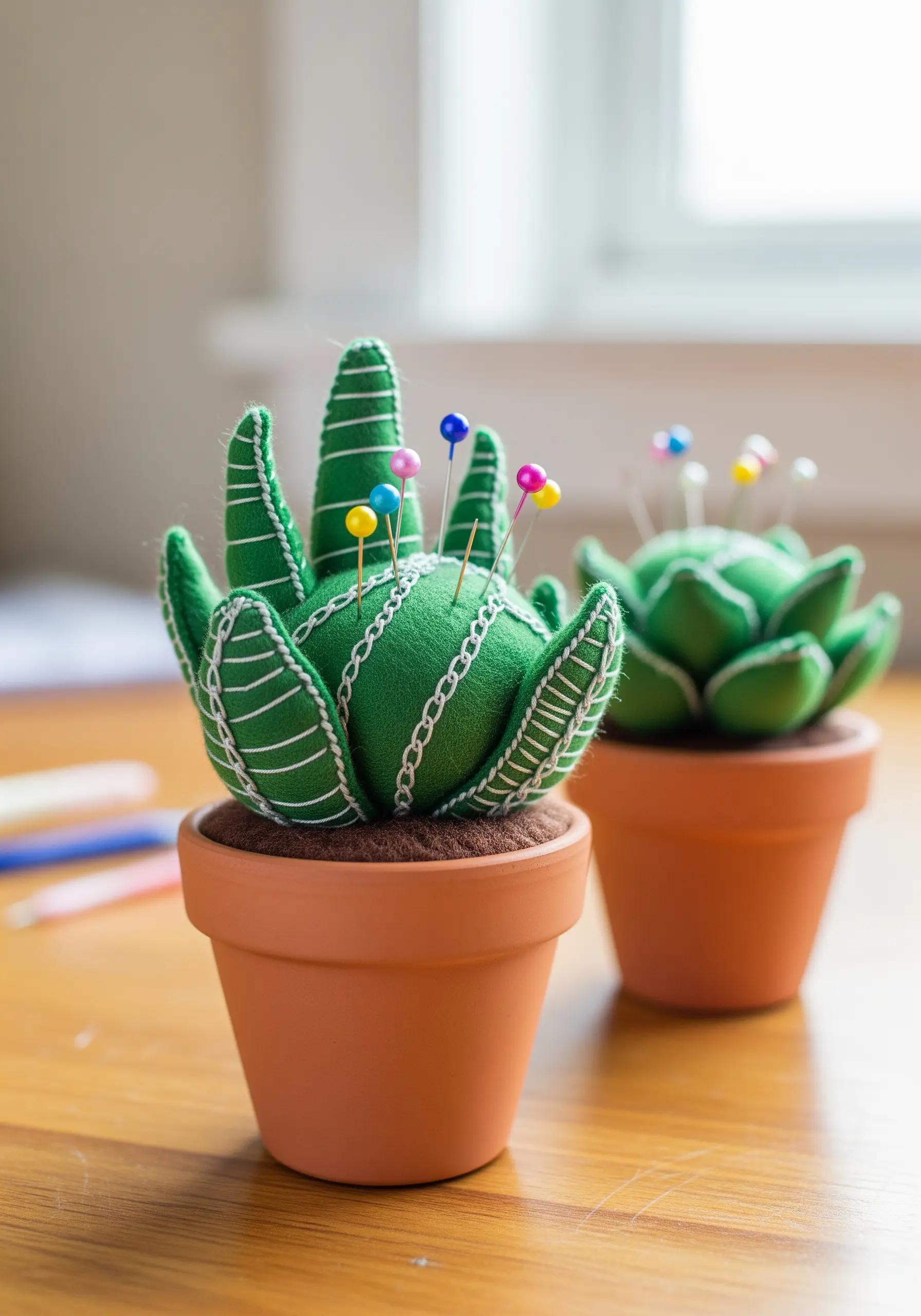 A 3D pincushion shaped like a cactus in a terracotta pot, with pins stuck in it.