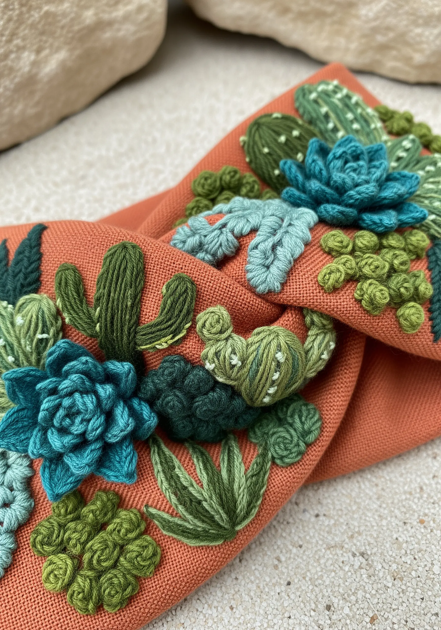 3D woven picot succulent embroidery on terracotta headband