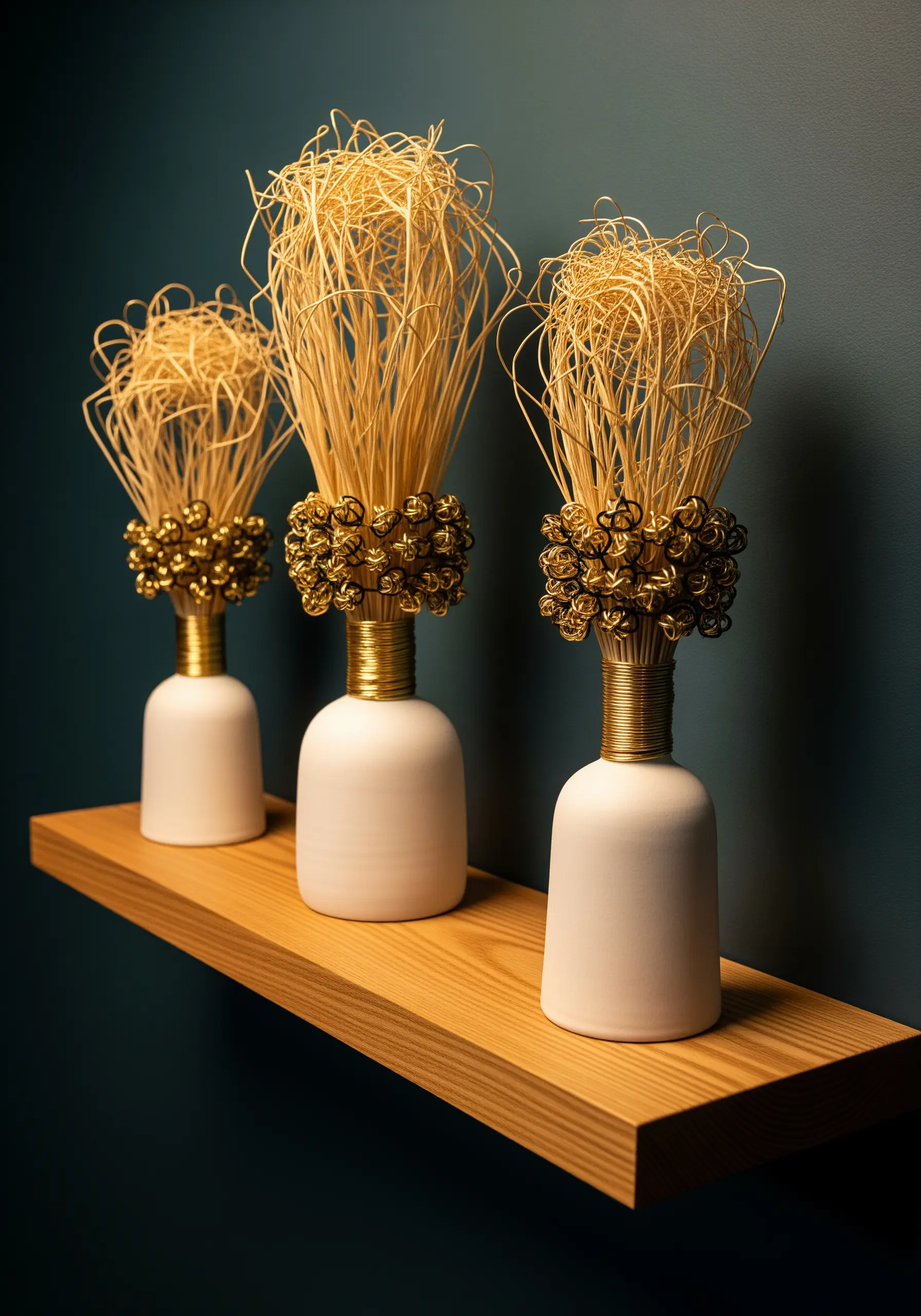 Three white vases on a shelf, each topped with a complex, nest-like sculpture of golden thread and wire.