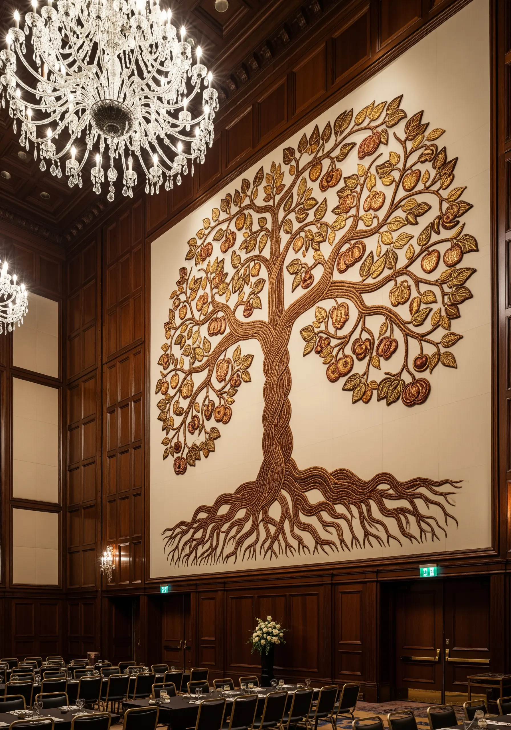 A massive wall mural of a tree of life with a highly textured, embroidered trunk and leaves.