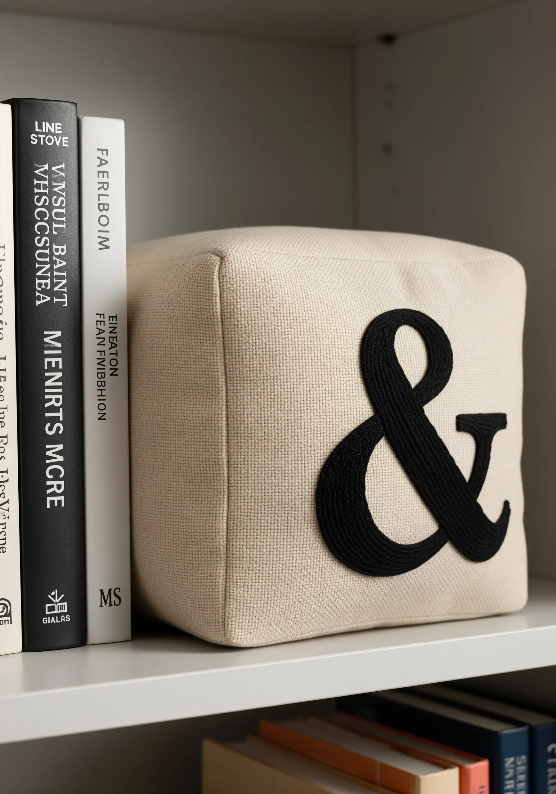 A large, black cord ampersand appliquéd onto a cream fabric bookend.
