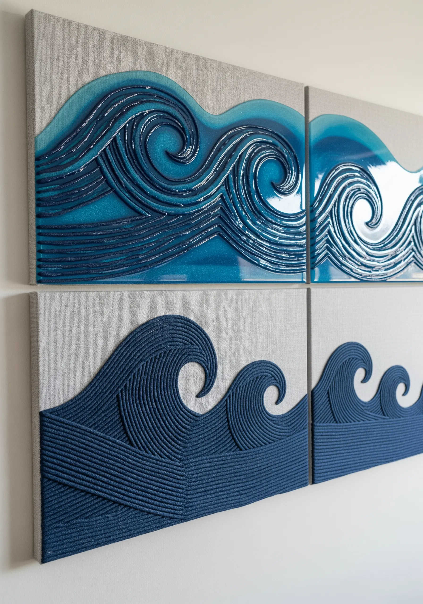Wall art with textured embroidered waves, some panels covered in glossy blue resin.