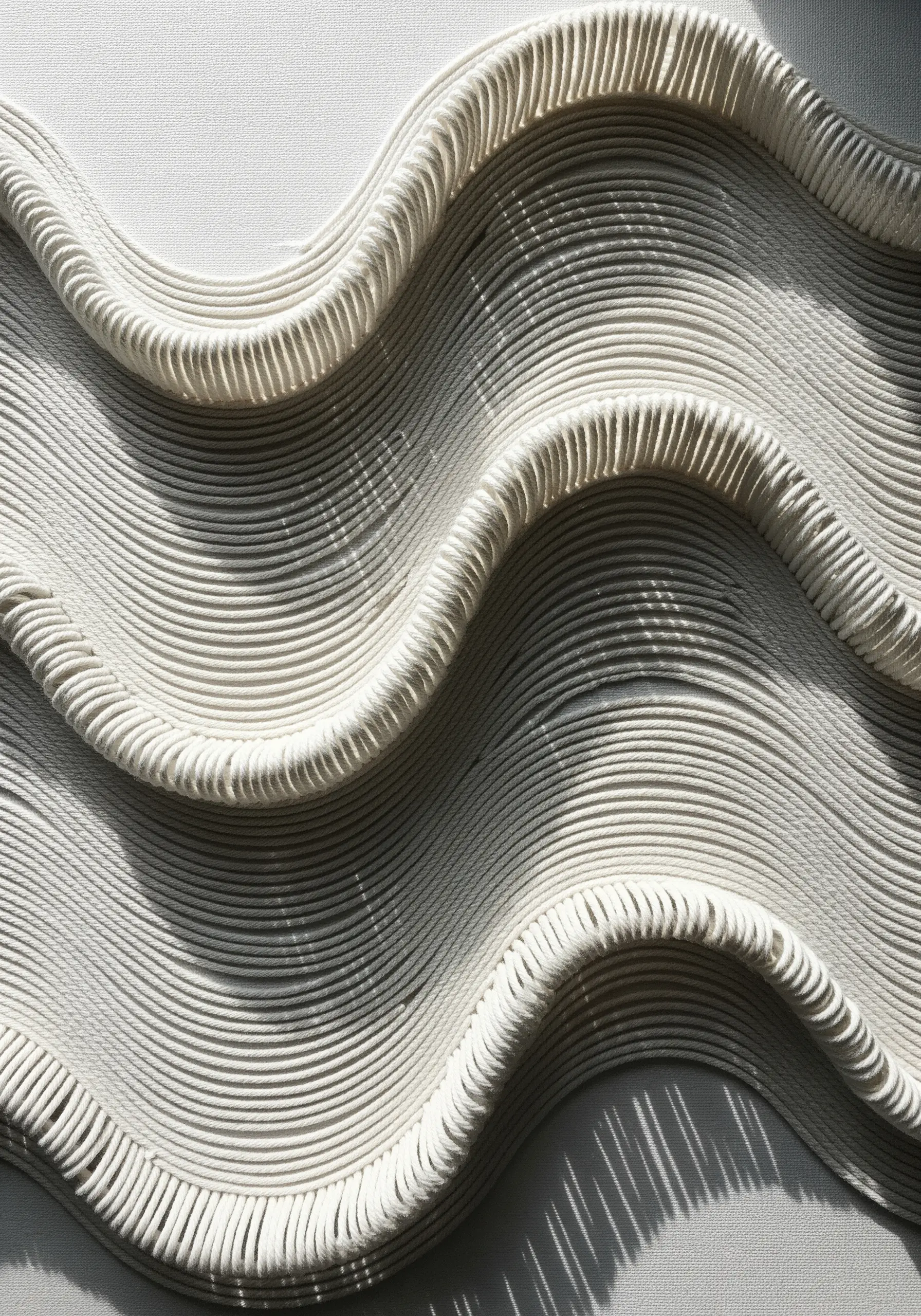 White, sculptural waves created with high-relief padded satin stitch on canvas.