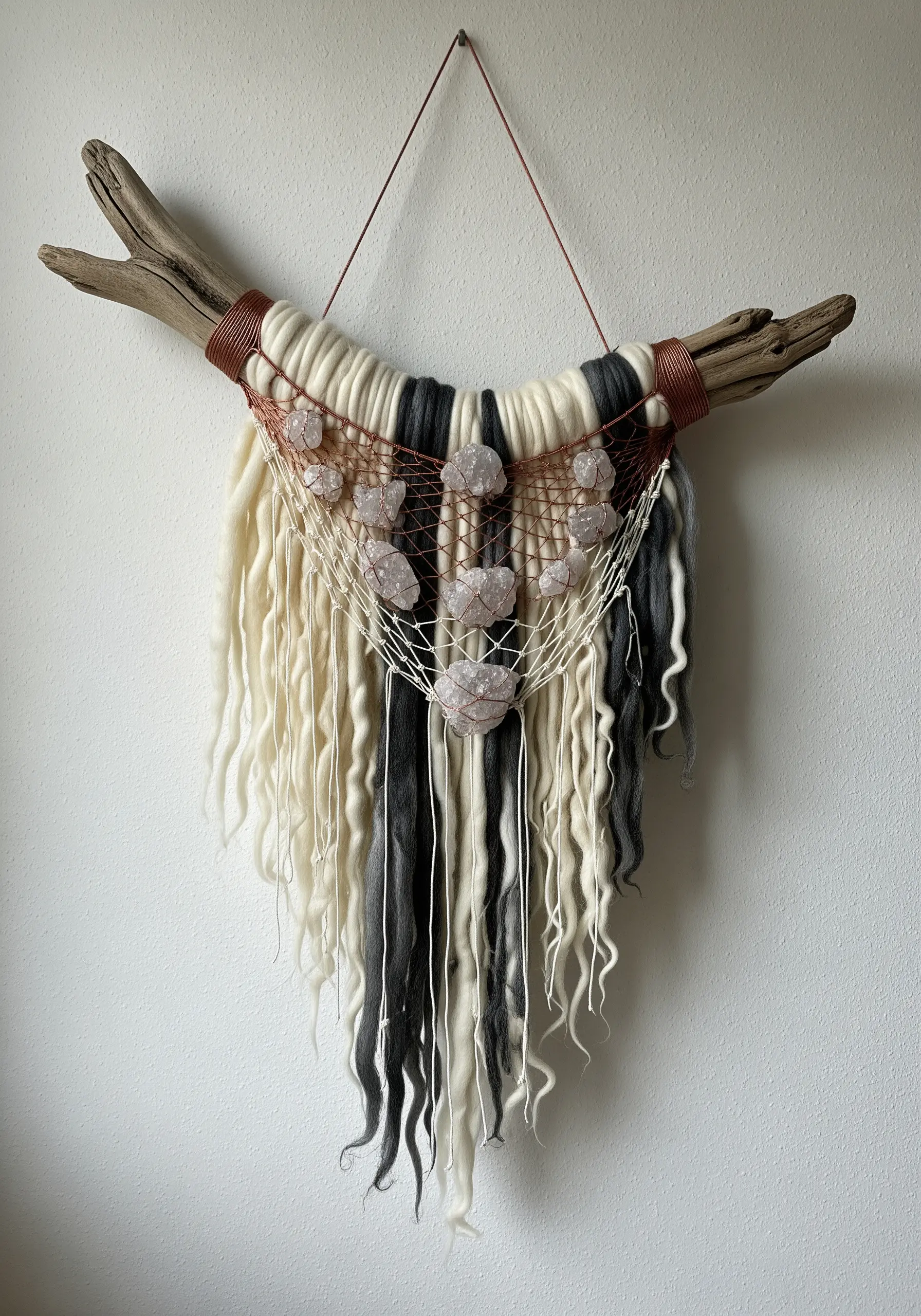 Driftwood wall hanging with wool roving and raw crystals