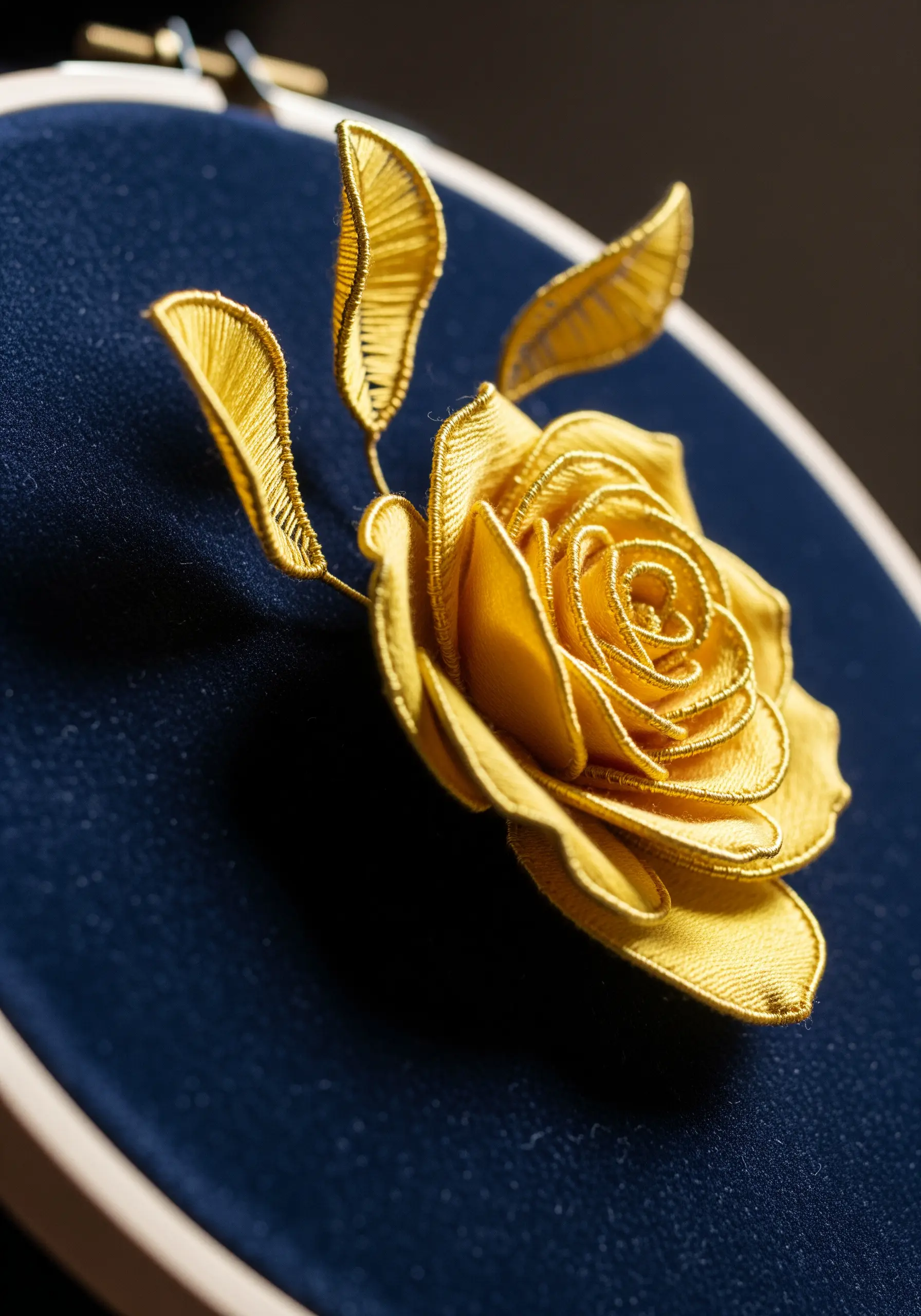 3D stumpwork gold rose embroidery on dark blue velvet fabric