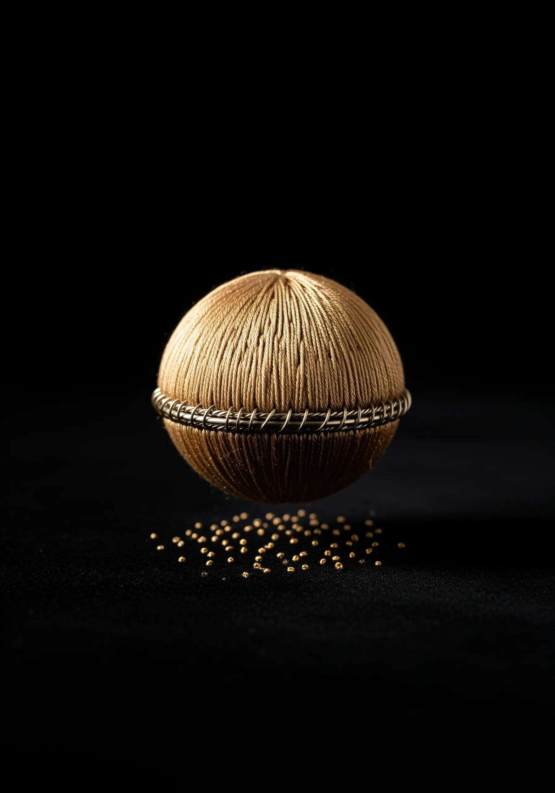 A perfect sphere wrapped in shimmering gold thread, with a rustic cross-stitch band.