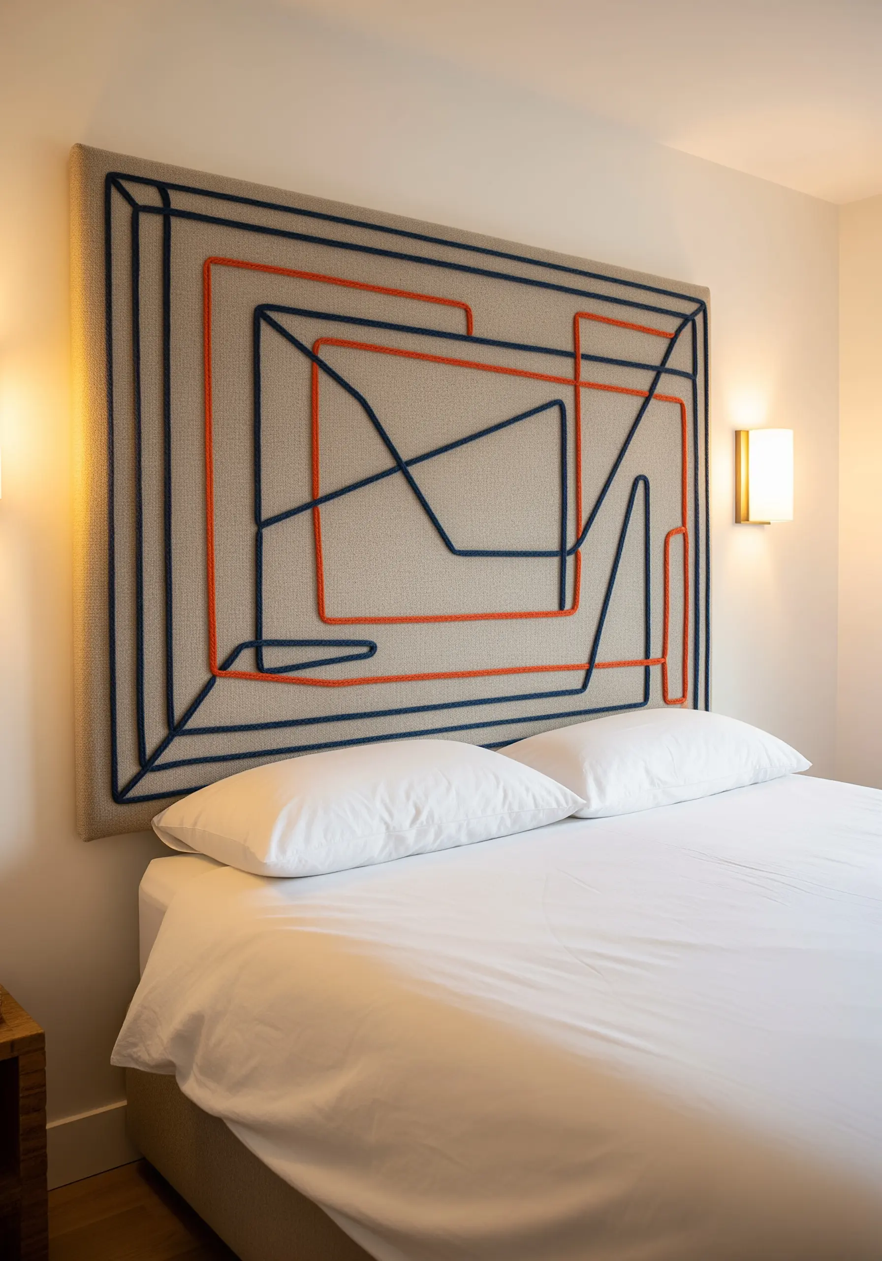 A large upholstered headboard with a bold abstract line design in orange and blue yarn
