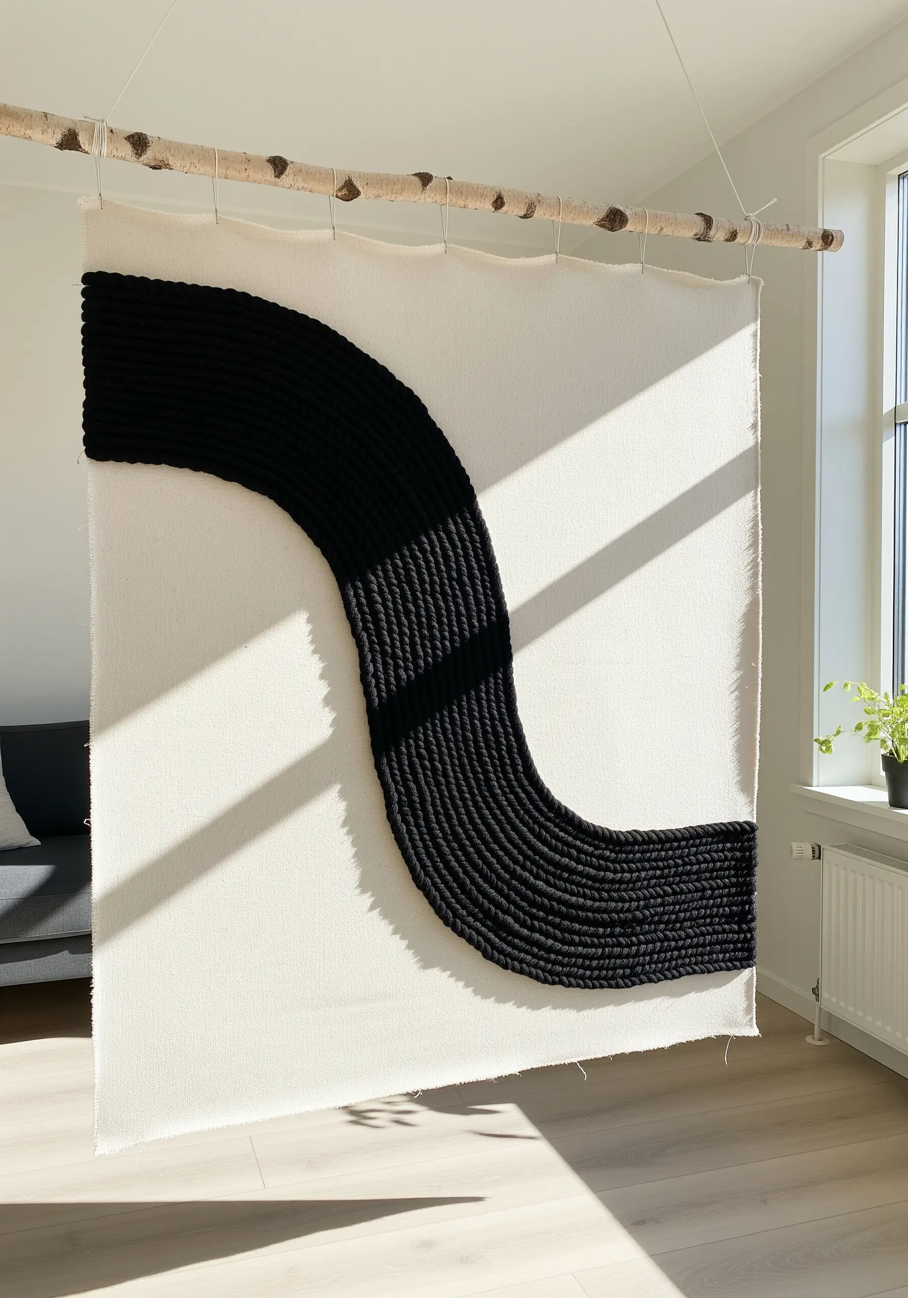 Large-scale wall art using thick black yarn couched onto a white canvas, hung from a birch branch.