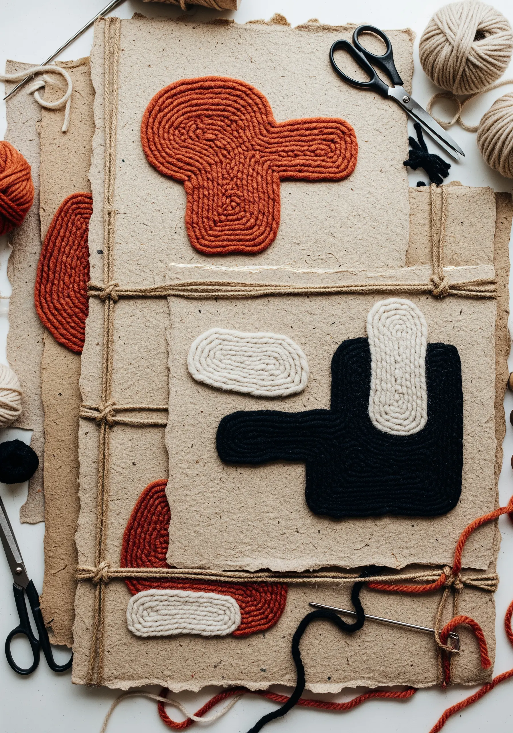 Abstract shapes created with thick, couched yarn on rustic handmade paper.