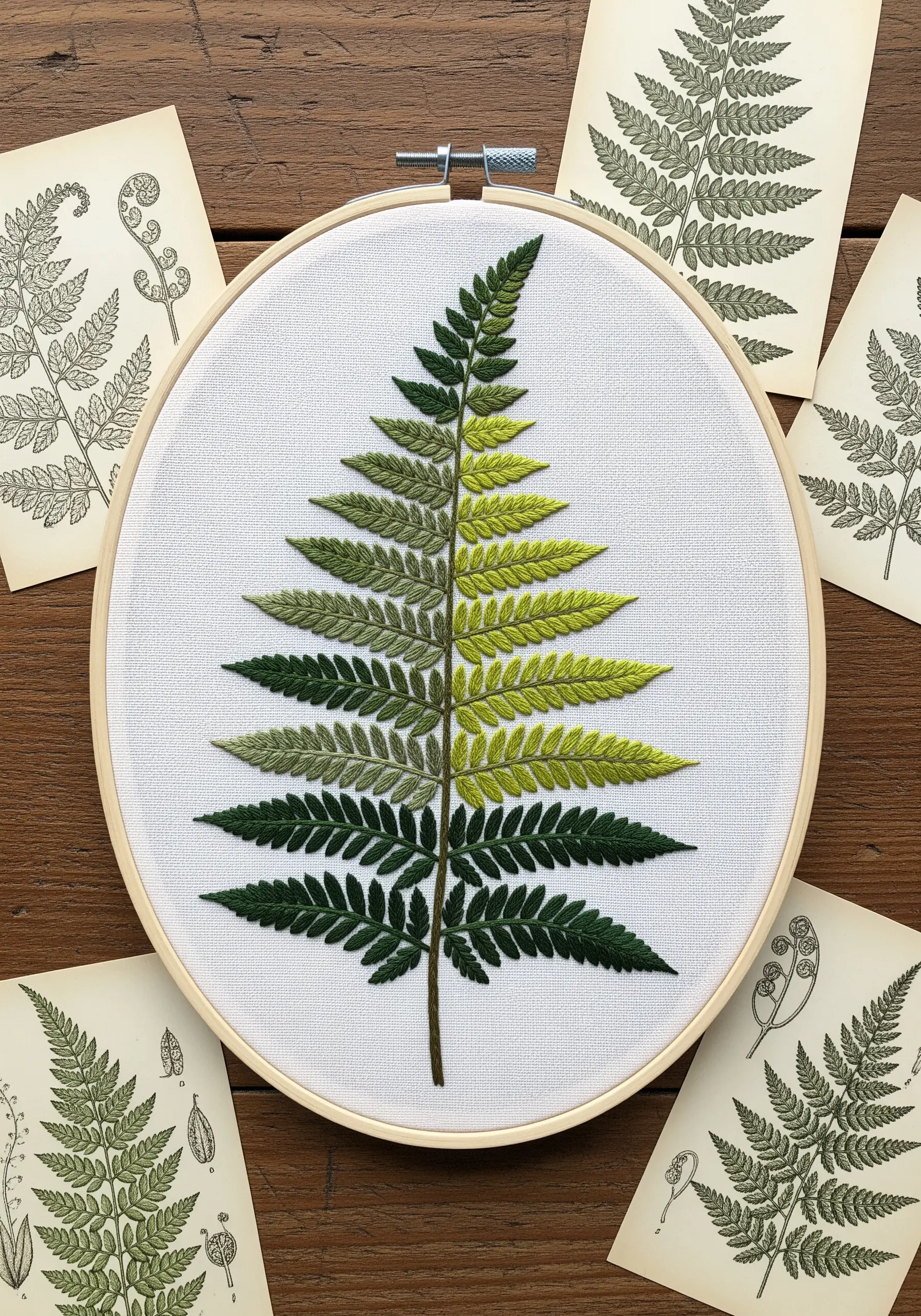 Gradient green fern leaf embroidery on white fabric with vintage paper background