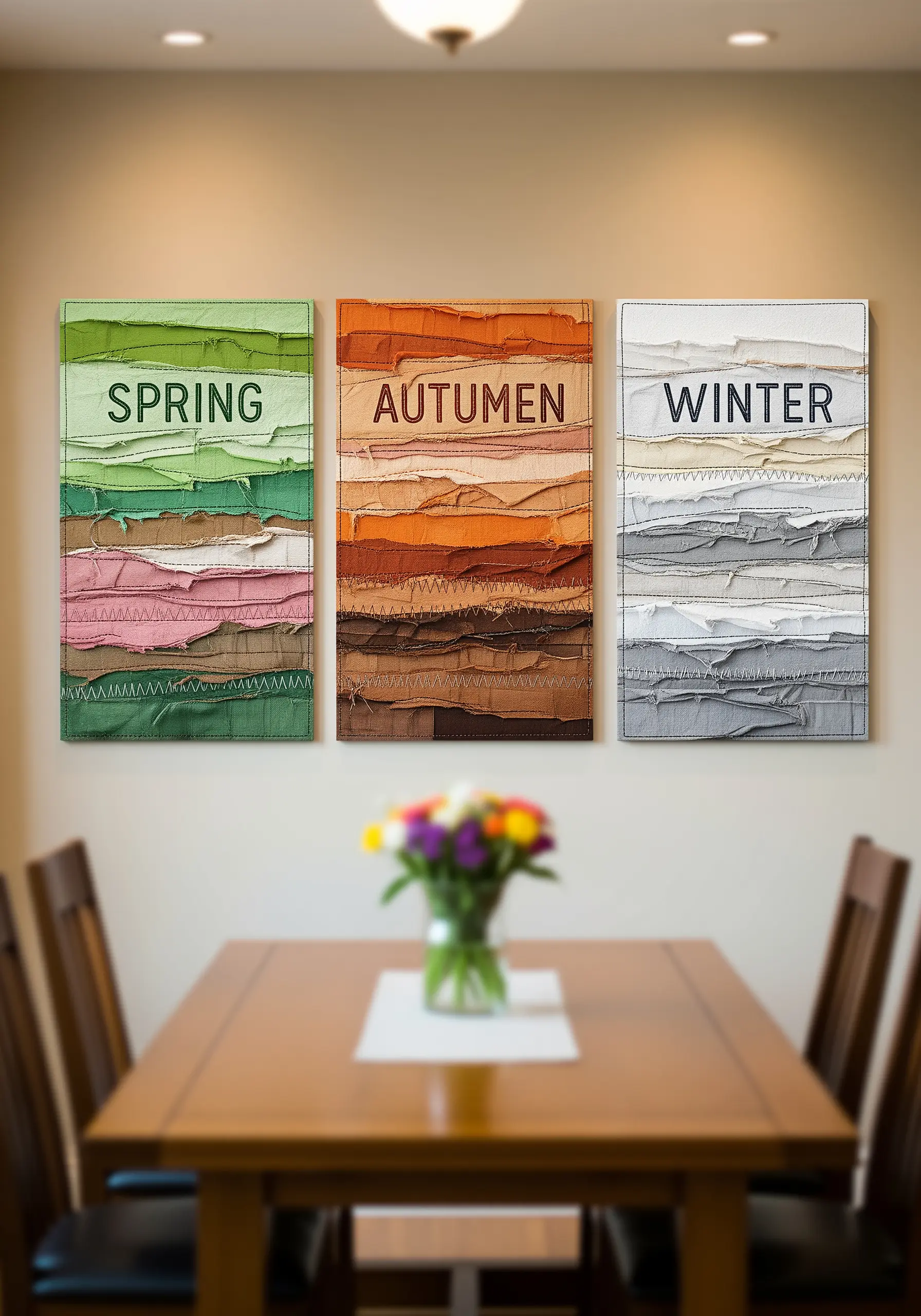 Set of three seasonal fabric collage panels