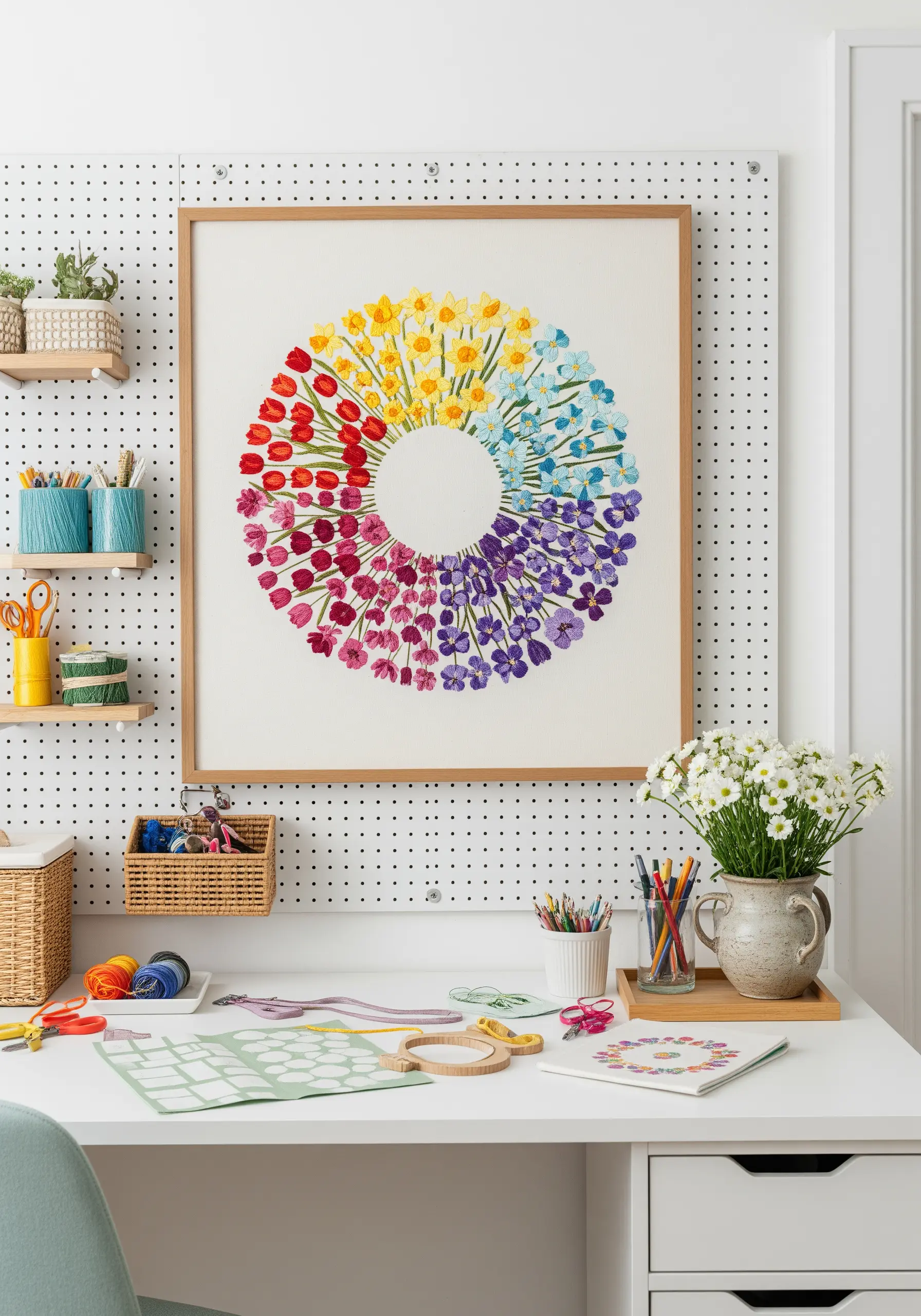 A large, framed embroidery of a floral wreath arranged in a rainbow color wheel.