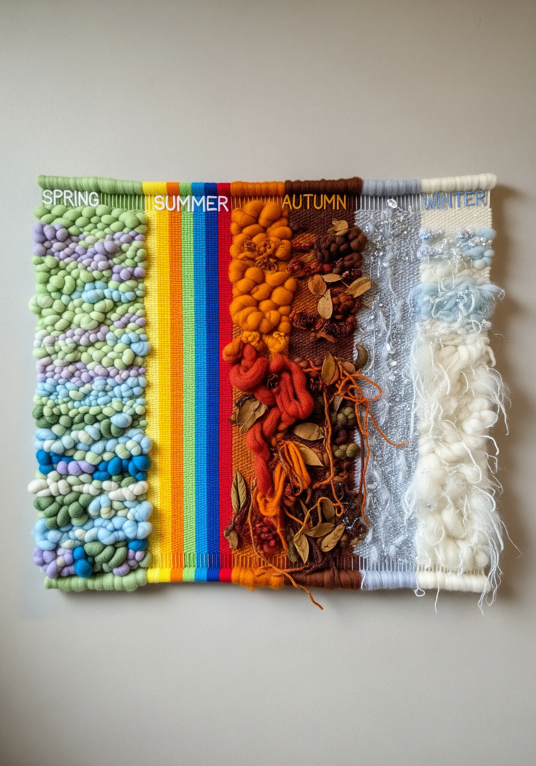 Woven tapestry divided into four seasonal color and texture sections