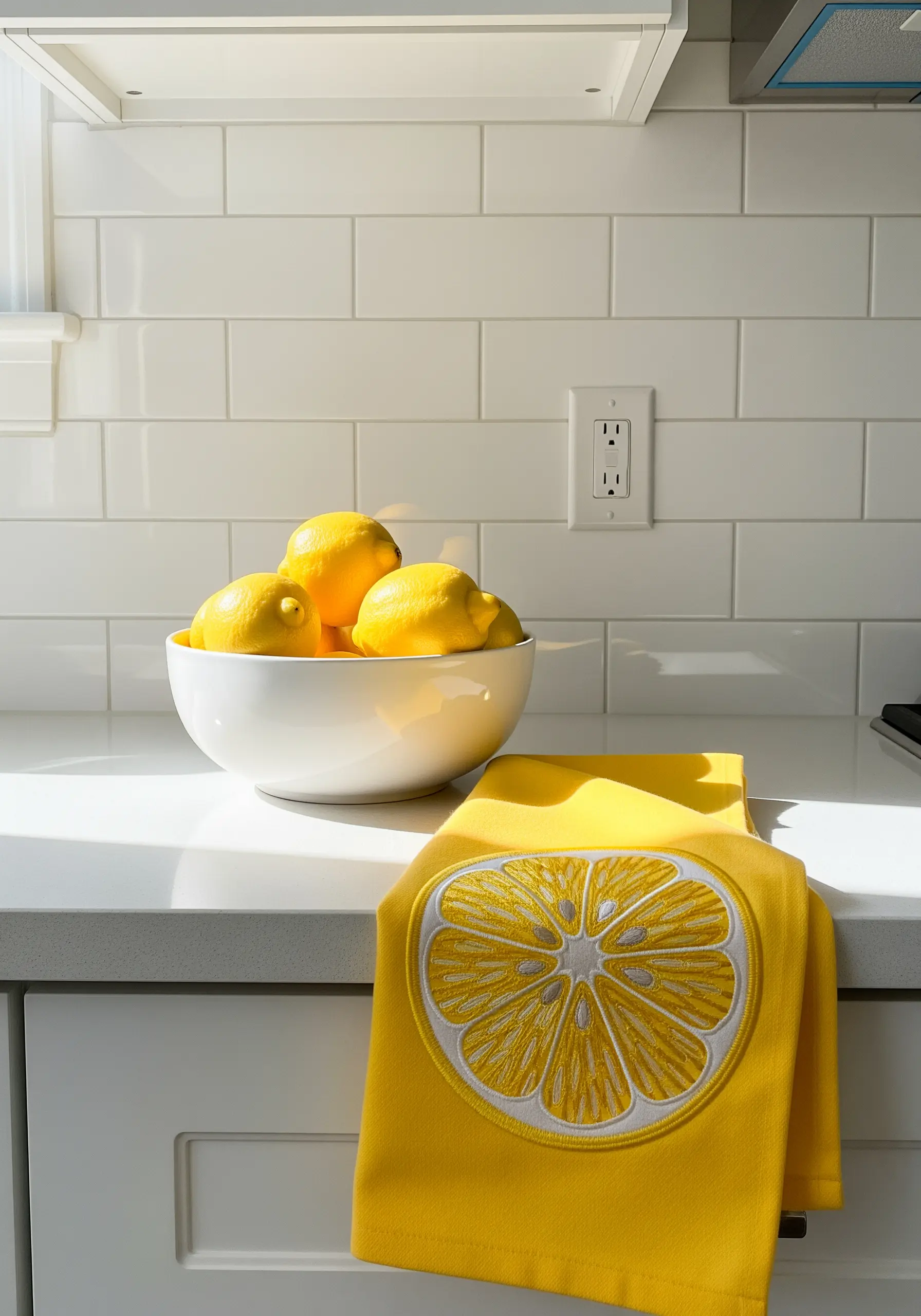 A bright yellow kitchen towel featuring a large, embroidered lemon slice.