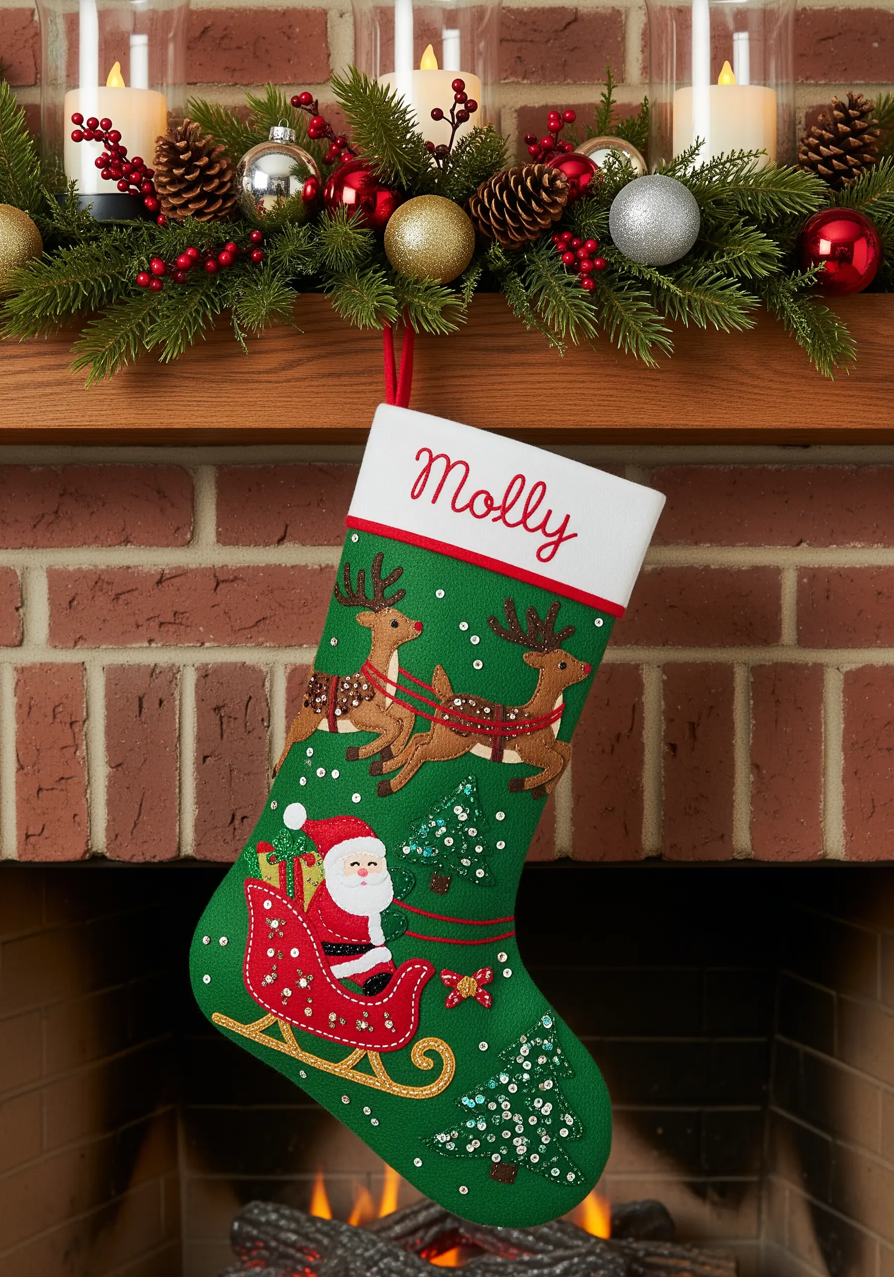 Green felt Christmas stocking with reindeer appliqué