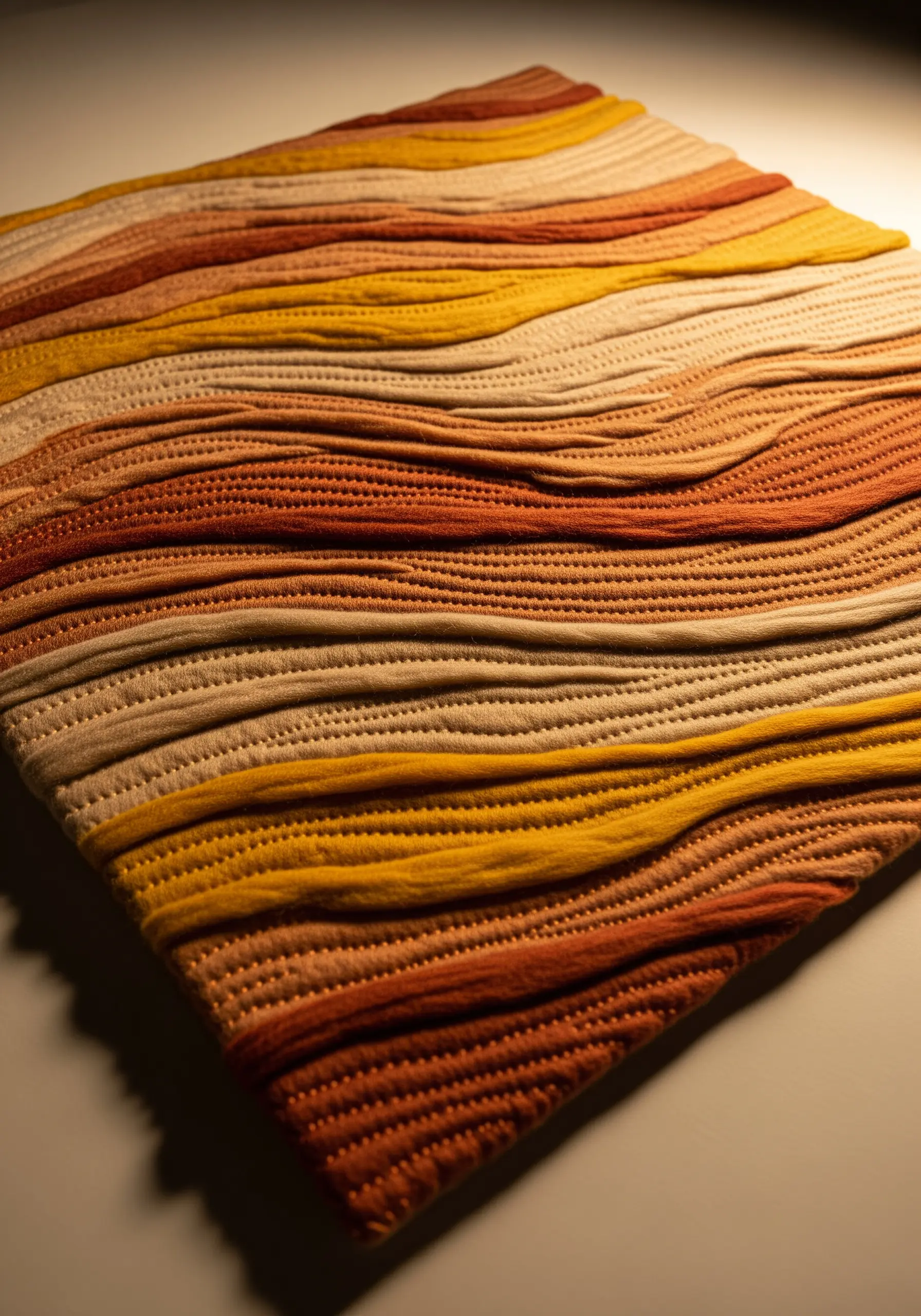 A quilted textile piece with wavy, horizontal padded channels in earthy shades of yellow and brown.