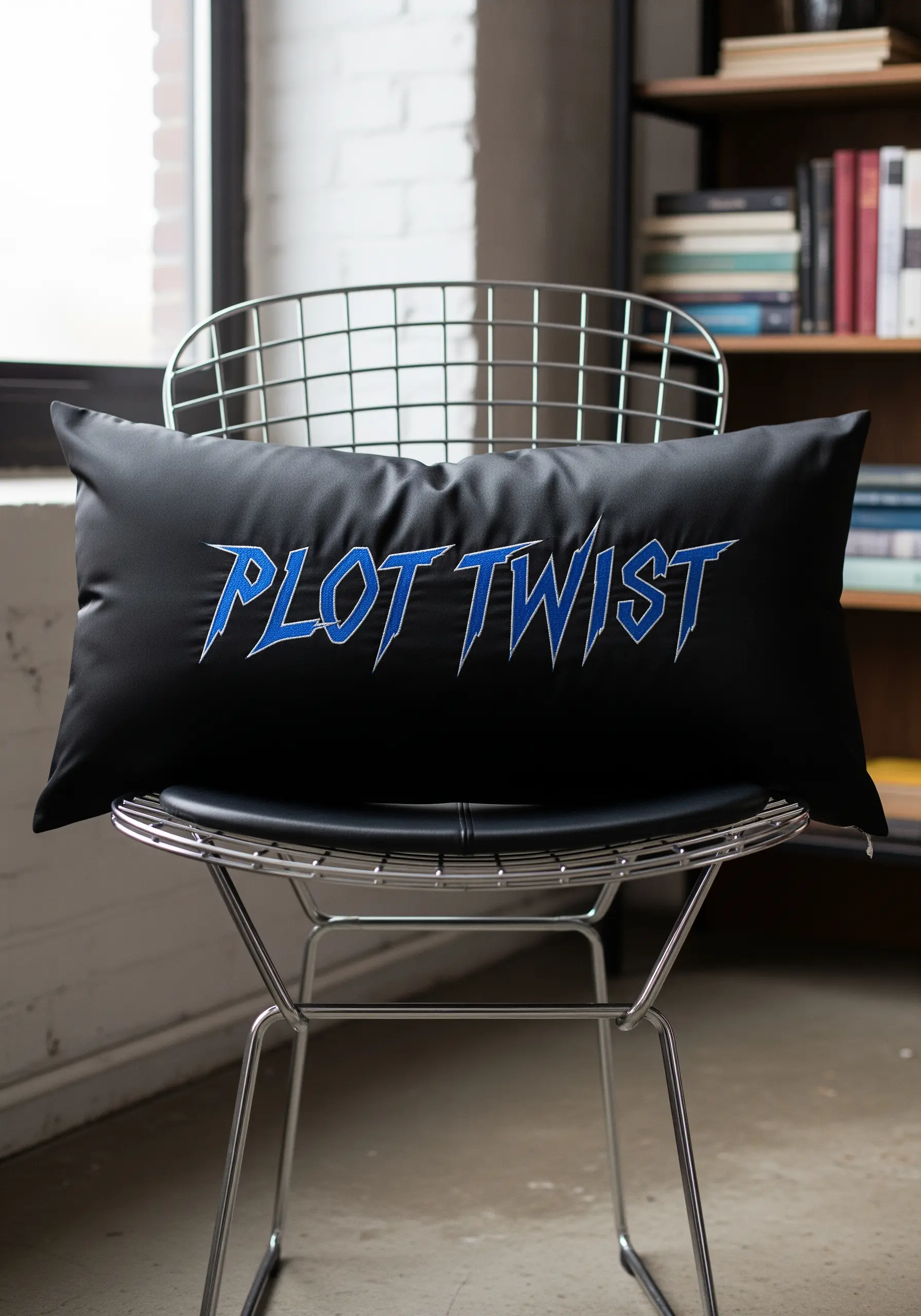 Sharp, angular blue lettering spelling 'Plot Twist' on a black faux leather pillow.