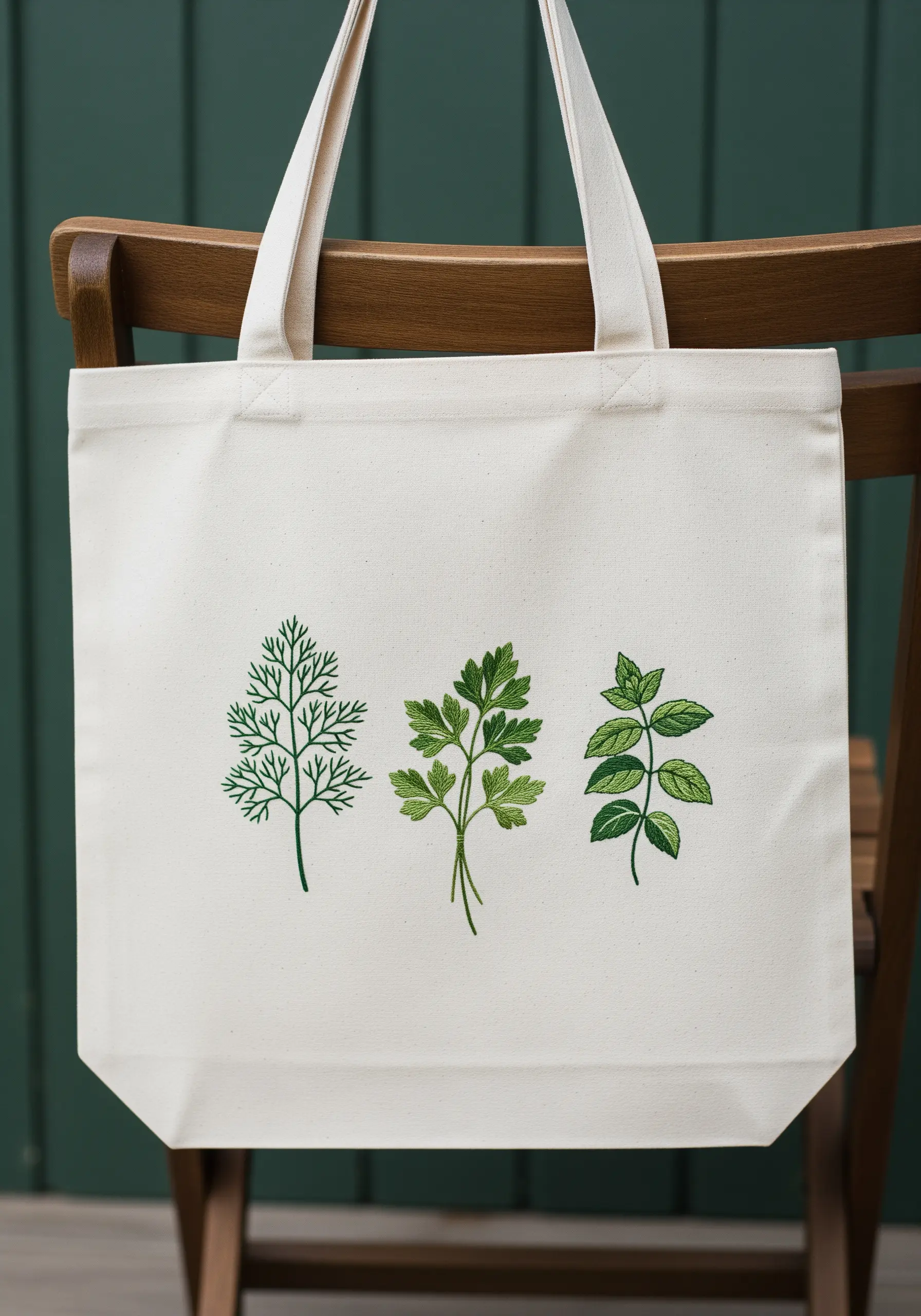 A canvas tote bag embroidered with three delicate green herbs: dill, parsley, and mint.