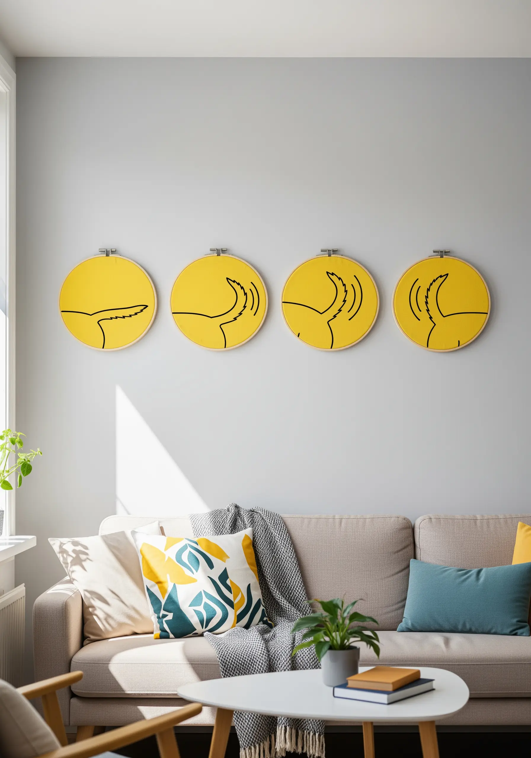 Four yellow embroidery hoops showing a dog's tail wagging in sequence