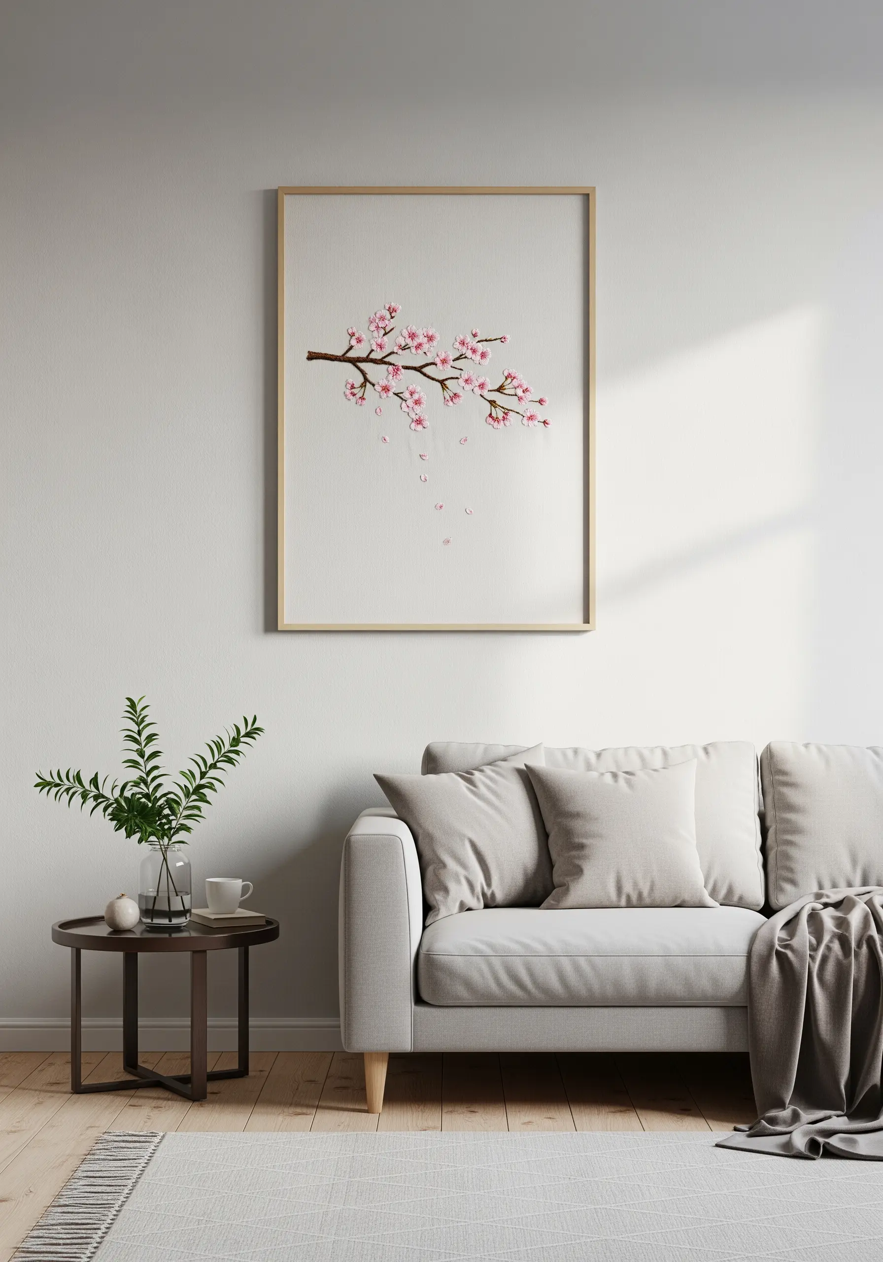 A framed embroidery of a delicate cherry blossom branch with falling petals.
