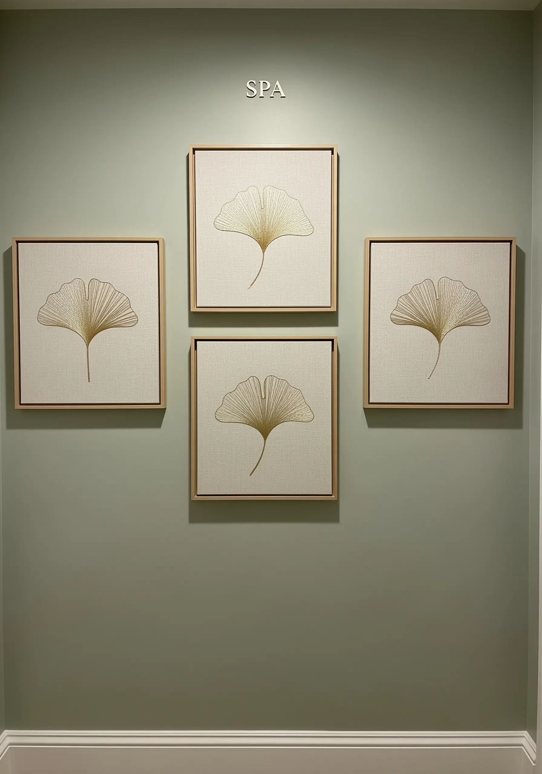 Four framed embroideries of a single ginkgo leaf in gold thread on off-white linen.