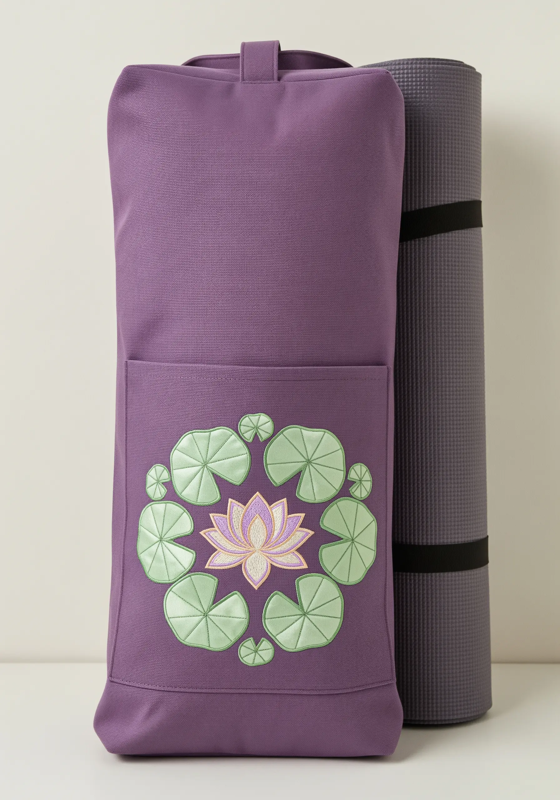 Embroidered lotus flower and lily pad mandala on the pocket of a purple yoga bag.