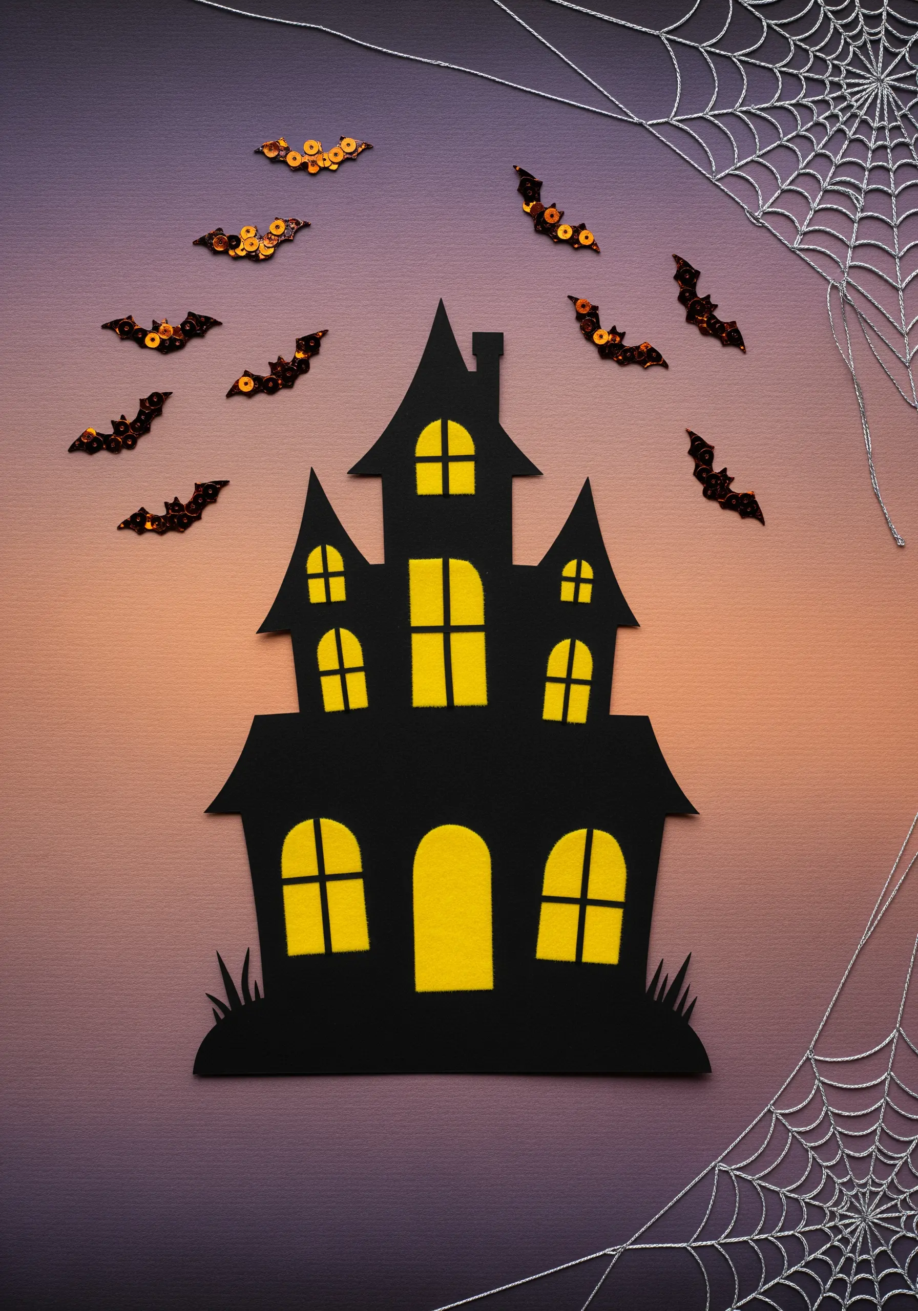 A paper cutout of a haunted house with a spiderweb stitched in the corner with silver thread.