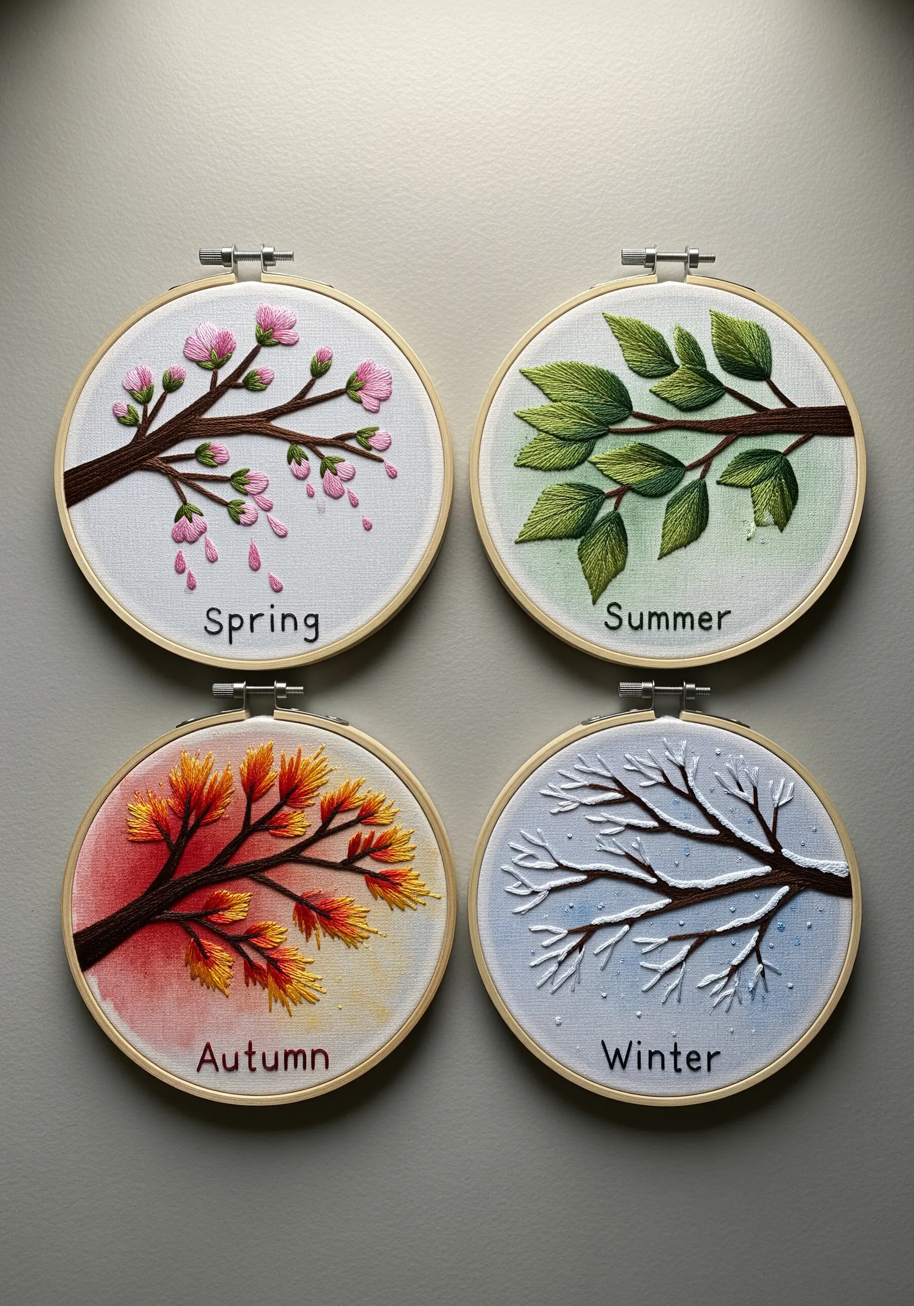 Four embroidery hoops depicting the four seasons, each with a watercolor background.