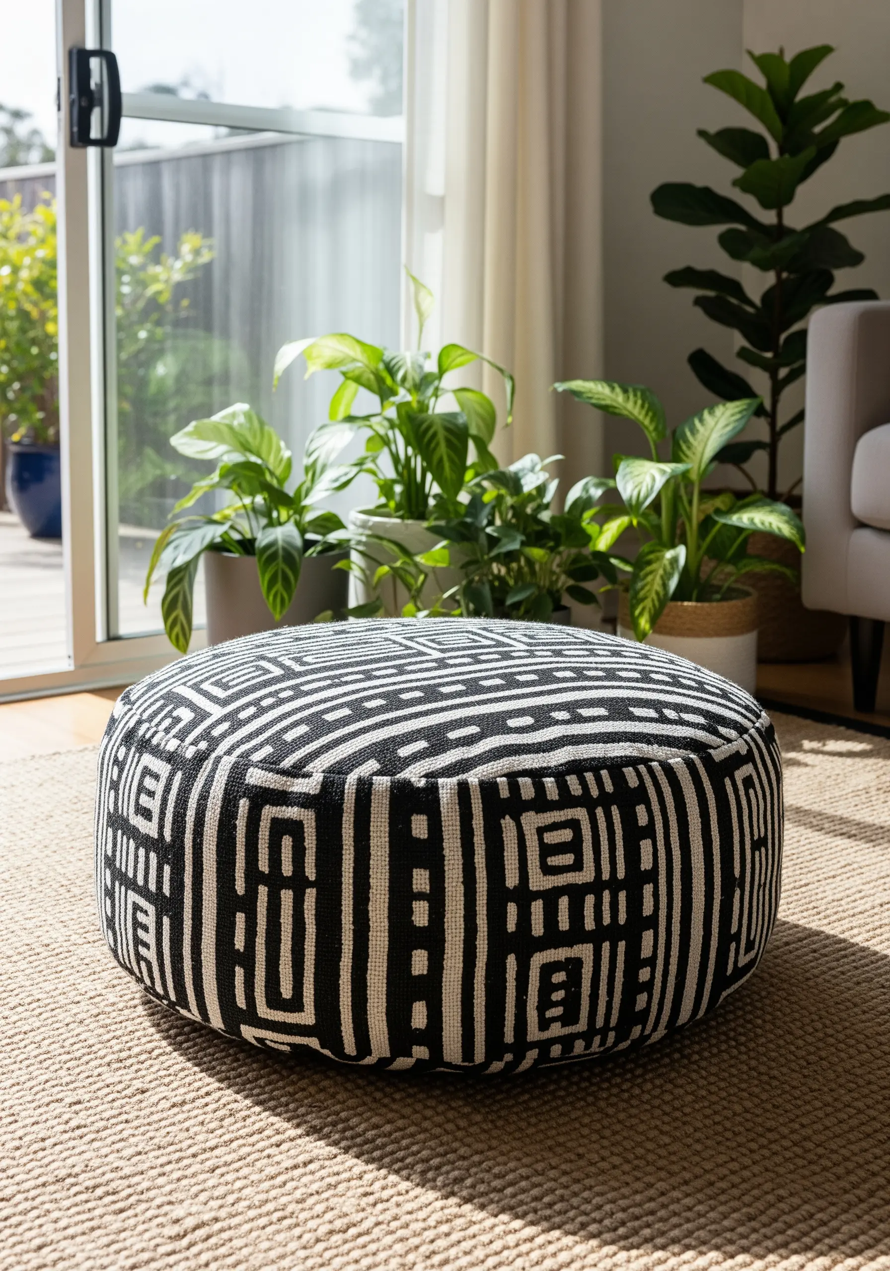 A round floor pouf upholstered in a black and white geometric mudcloth-style pattern.