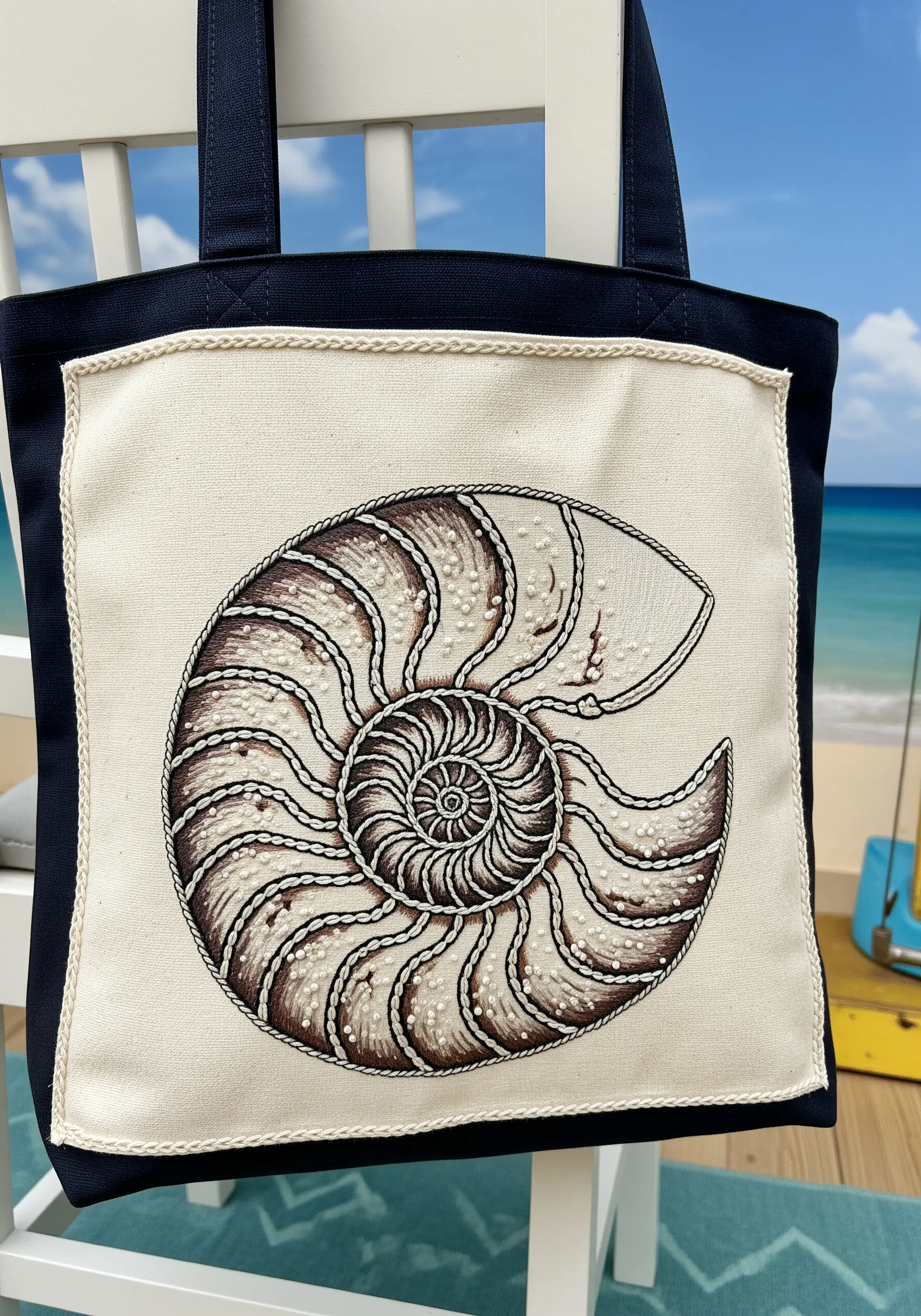 A tote bag with an embroidered nautilus shell, shaded with thread painting and accented with French knots.