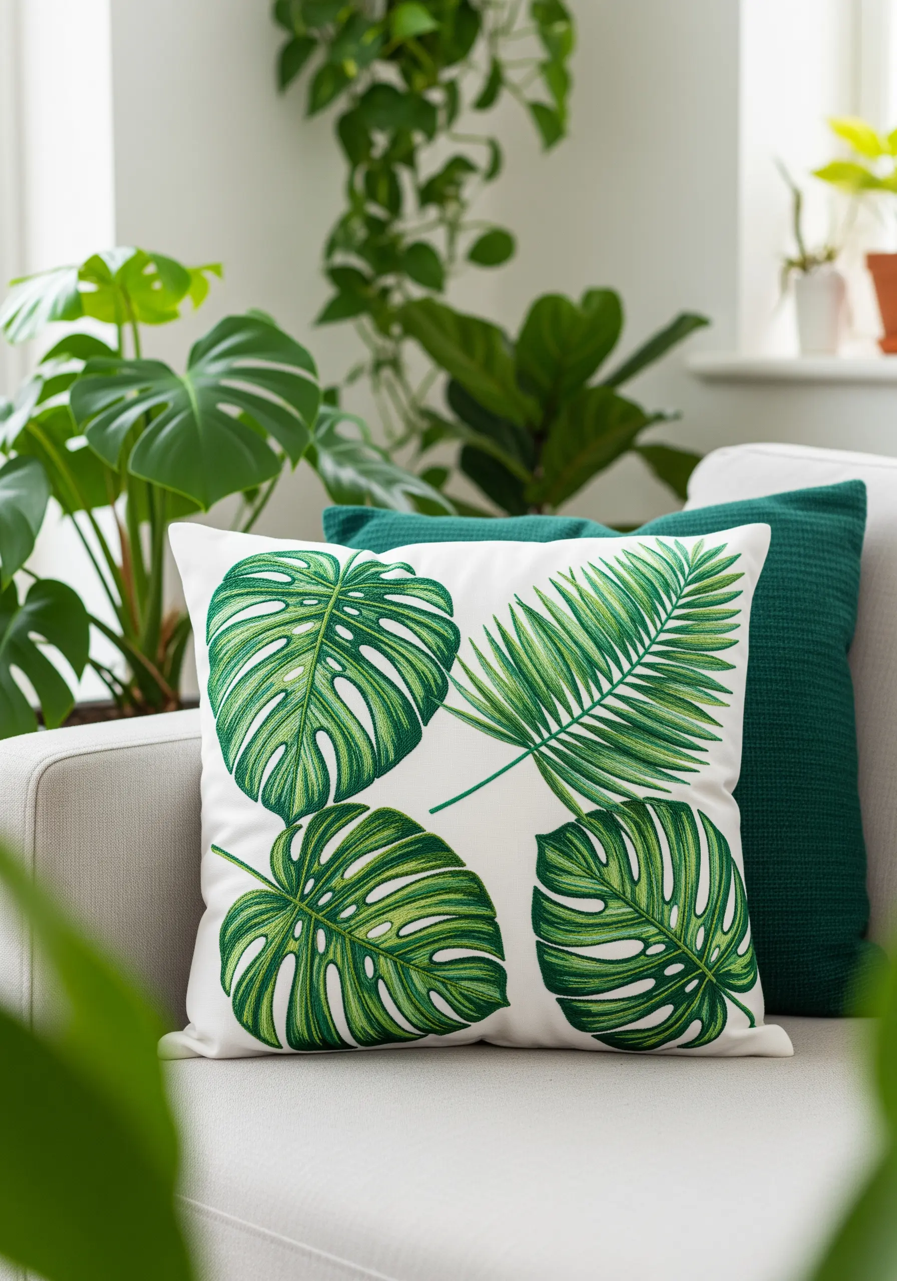 Embroidered monstera and palm leaves with detailed shading on a white cushion.
