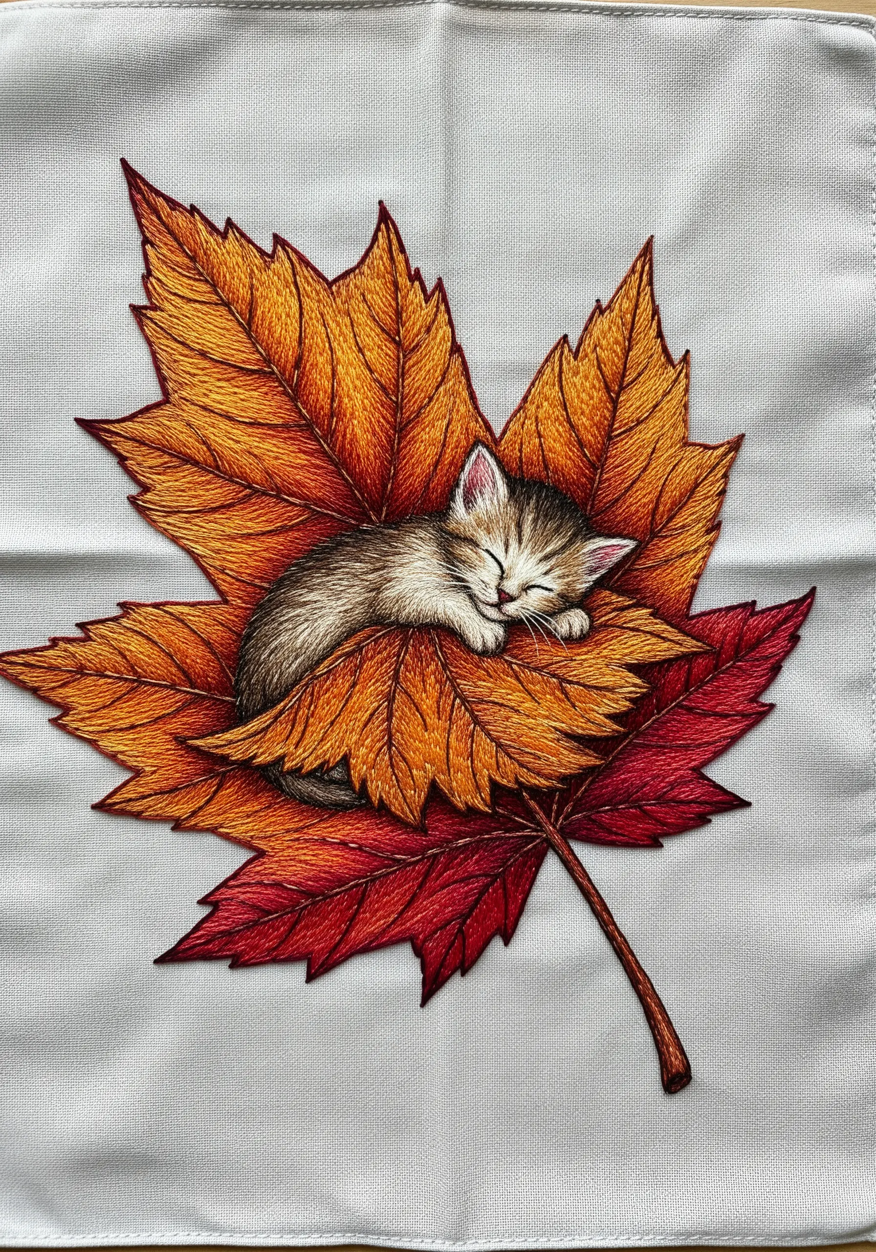 A tiny kitten thread-painted sleeping on a large, realistic autumn maple leaf.