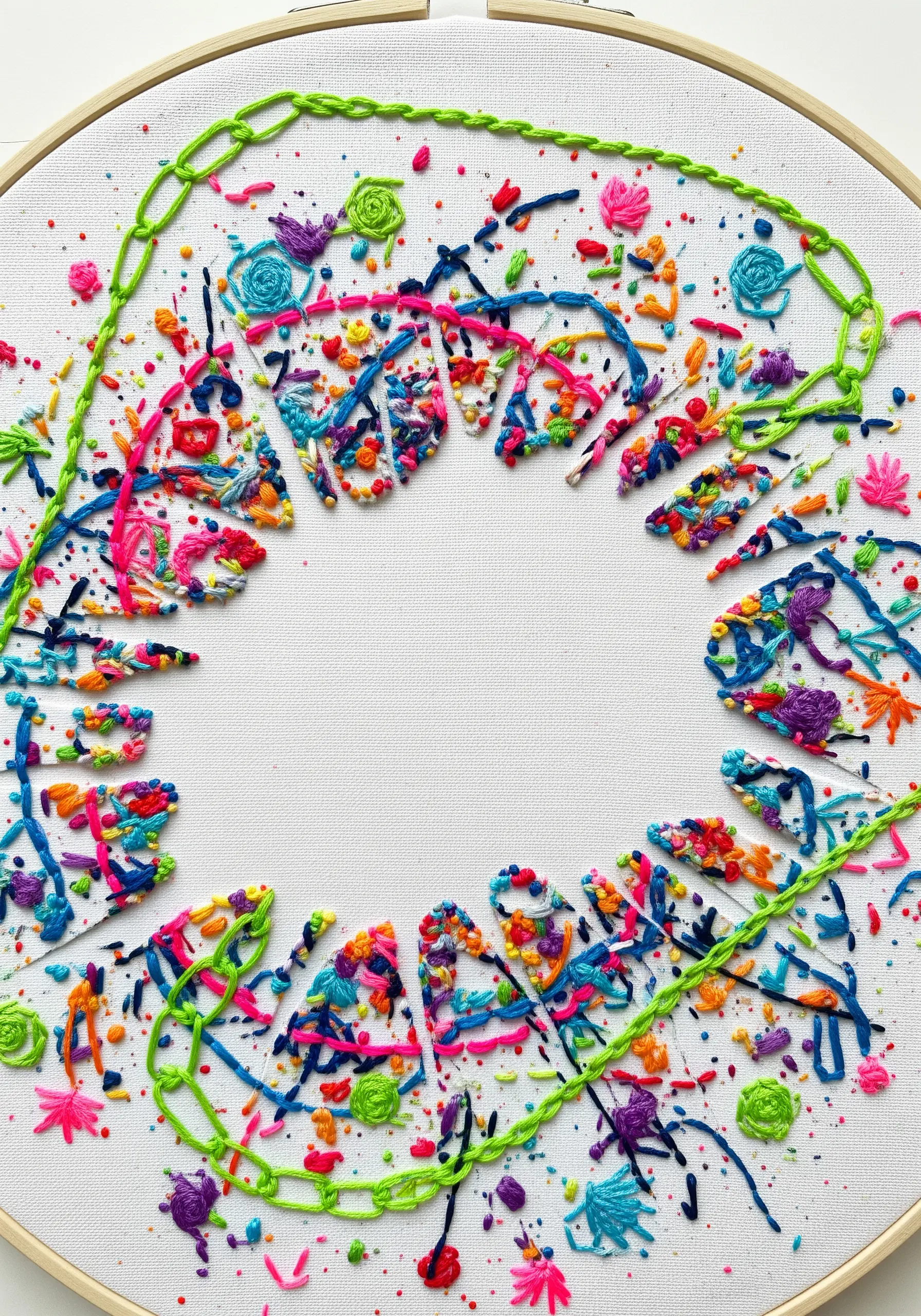 A leaf shape in negative space defined by a chaotic splatter of colorful, abstract stitches.