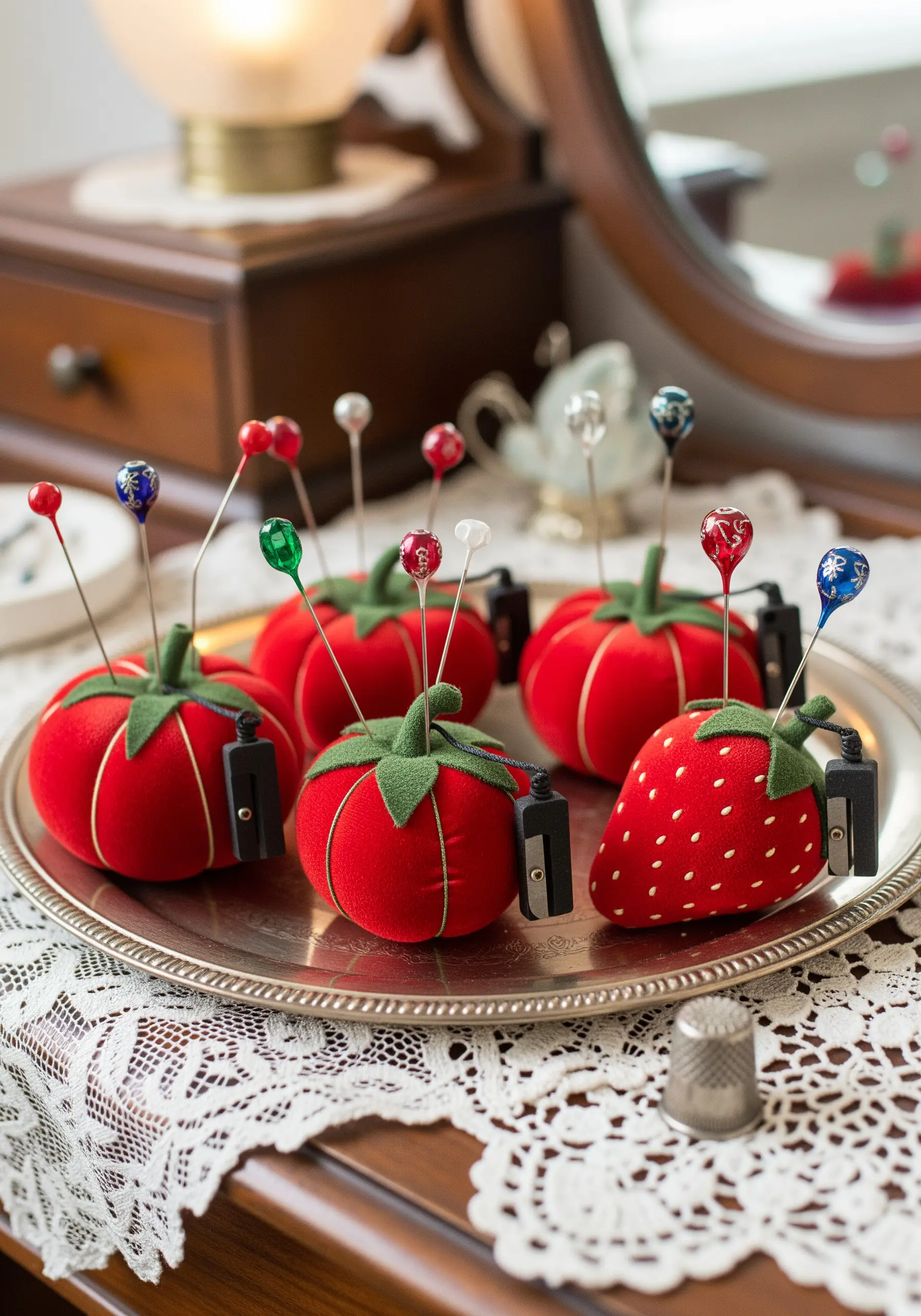 Strawberry and tomato velvet pincushions on silver tray