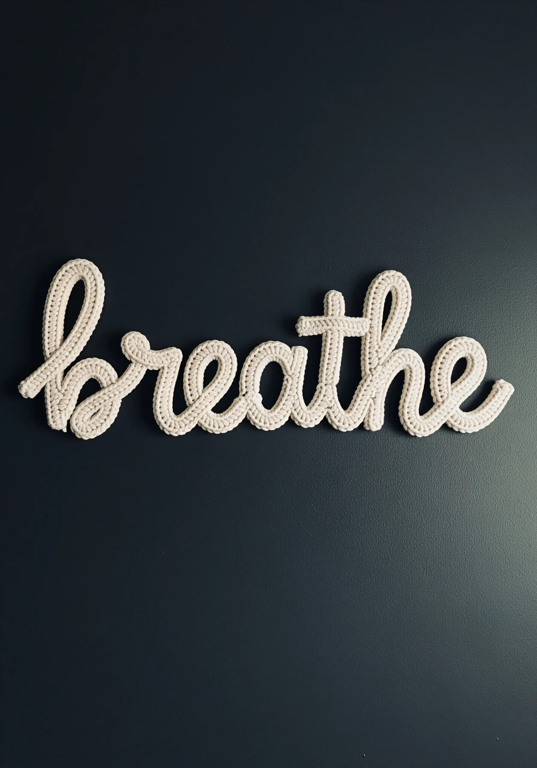 The word 'breathe' crafted from cream-colored crocheted yarn, mounted on a dark wall.