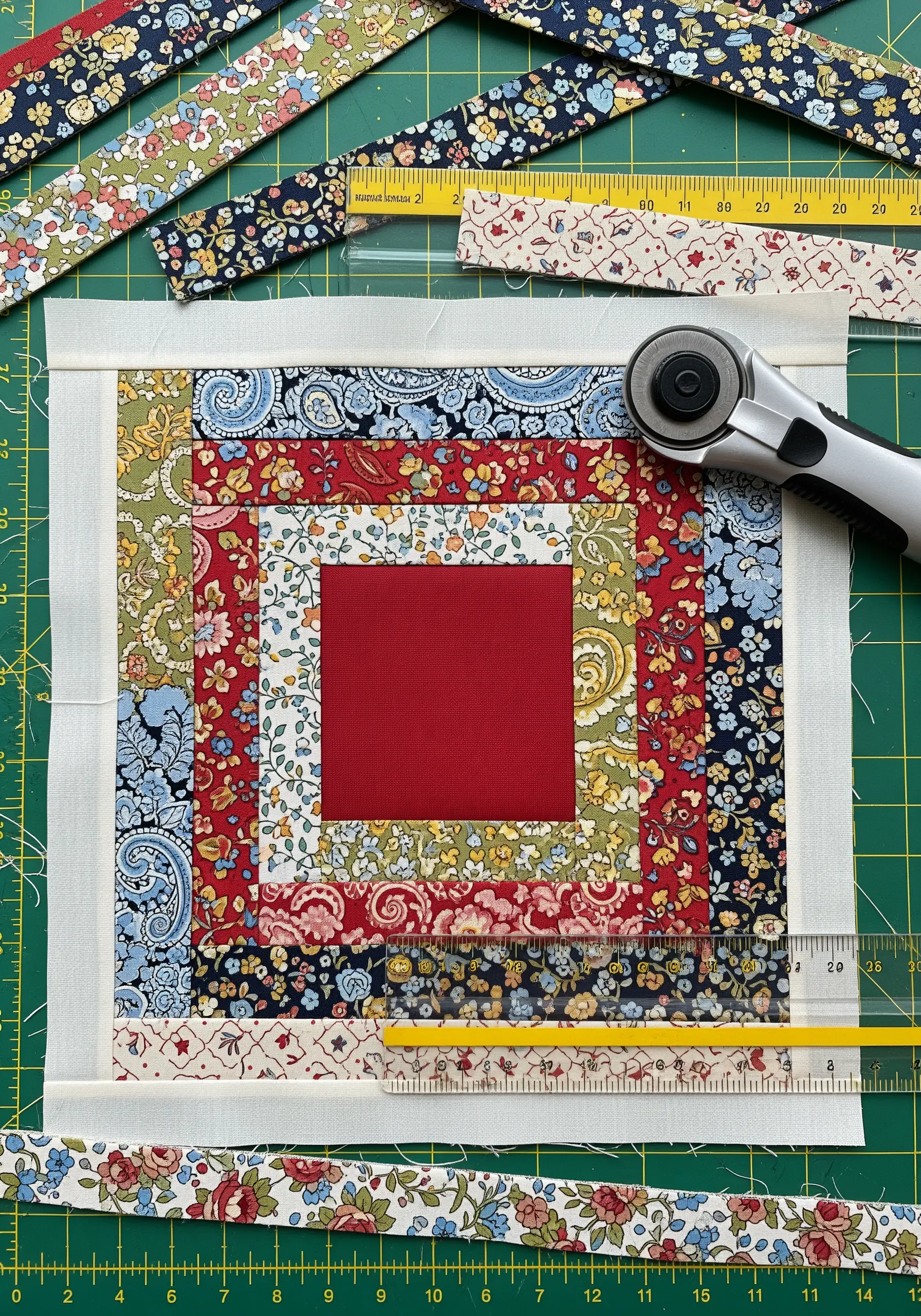Log cabin quilt block construction with rotary cutter