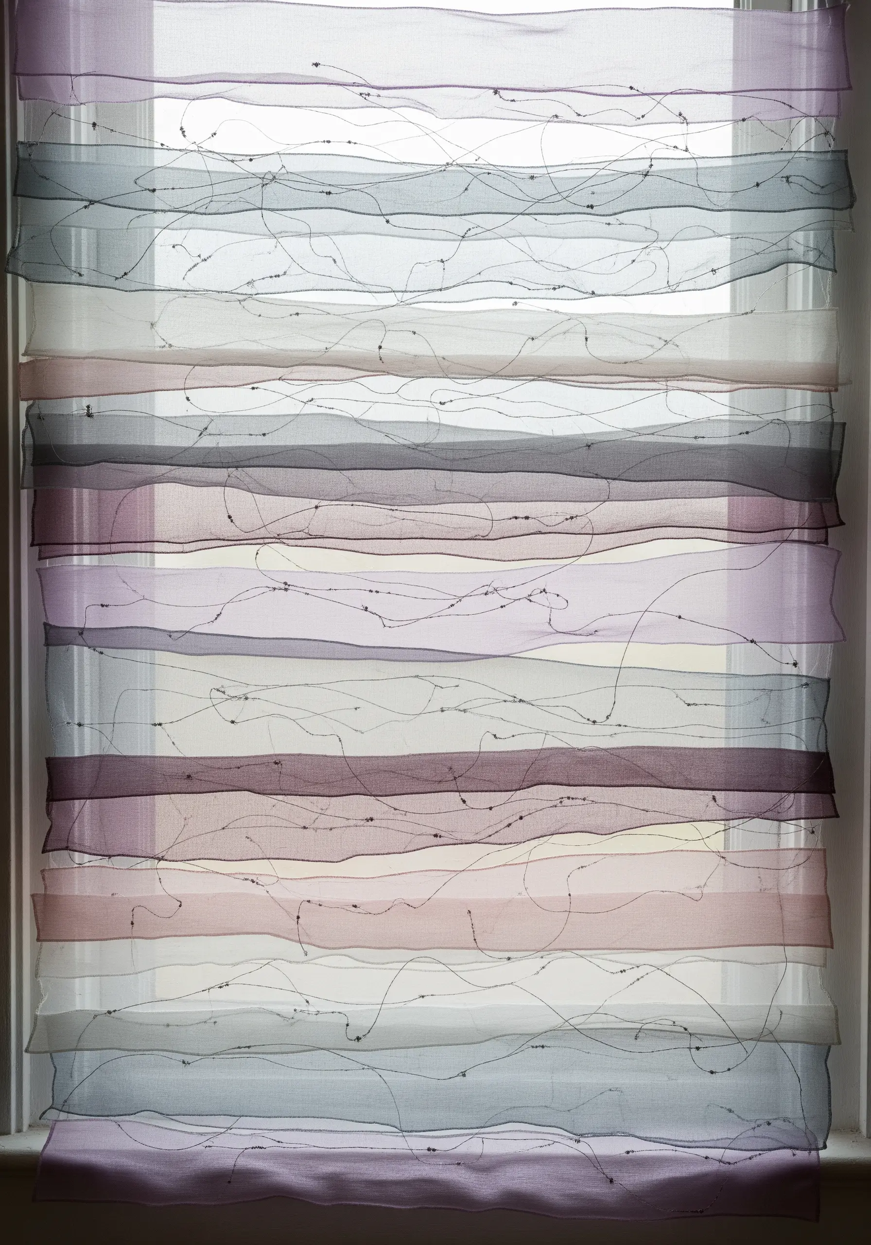 Sheer, layered organza curtain with dark threads trapped between the layers.