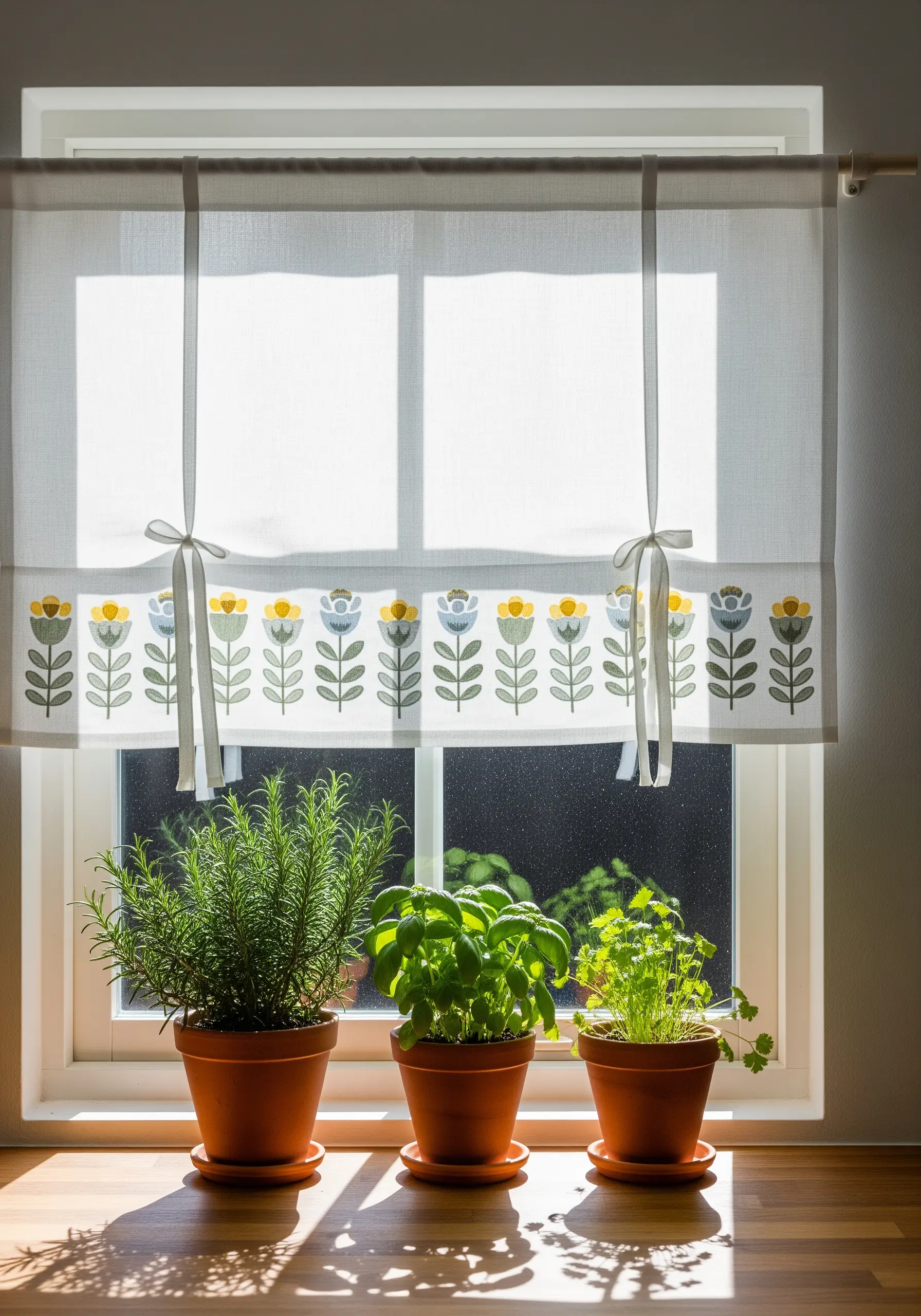 Floral border embroidery on sheer white window curtains