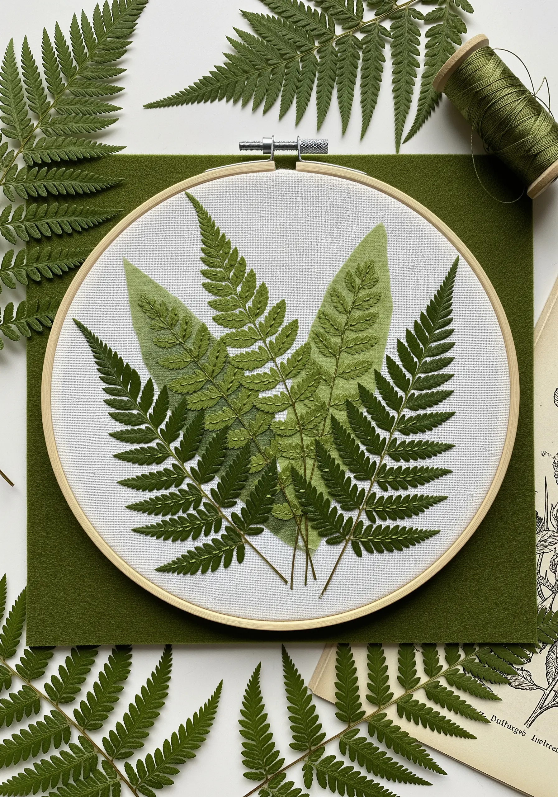 Embroidery hoop with real pressed ferns layered under sheer organza fabric.
