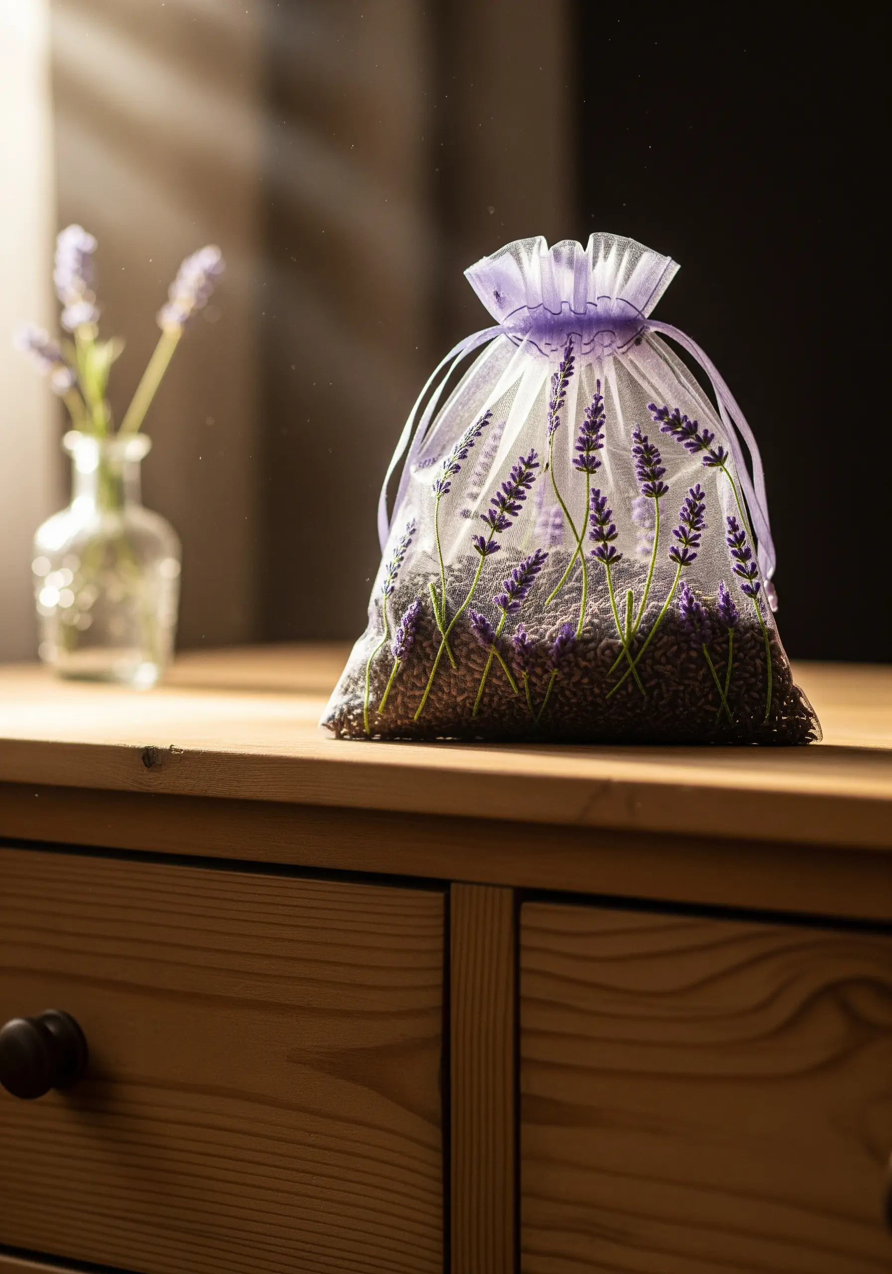 Sheer purple organza bag filled with dried lavender featuring embroidered lavender stalks on the fabric