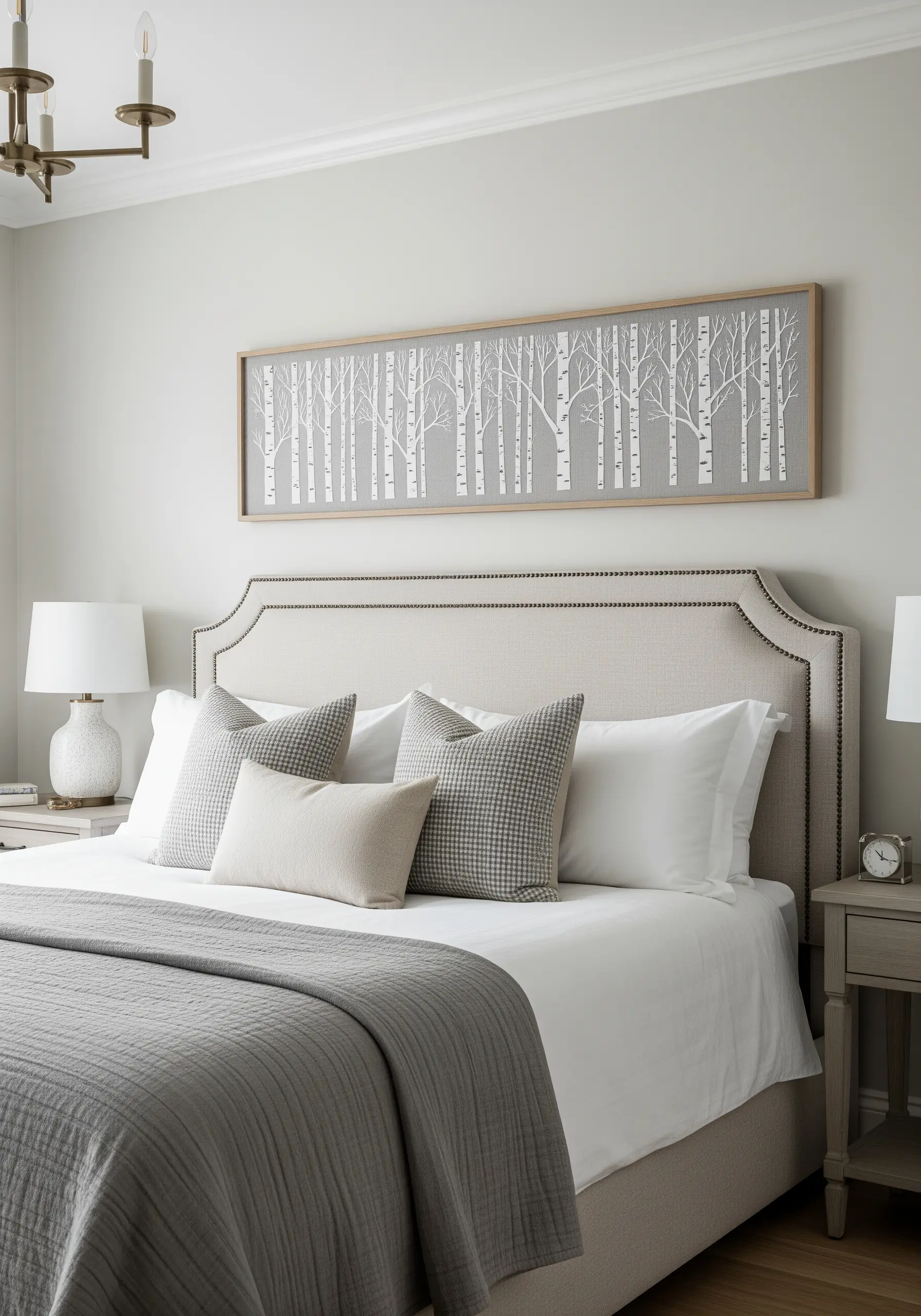 A long, panoramic framed embroidery of a forest of white birch trees on a grey background.