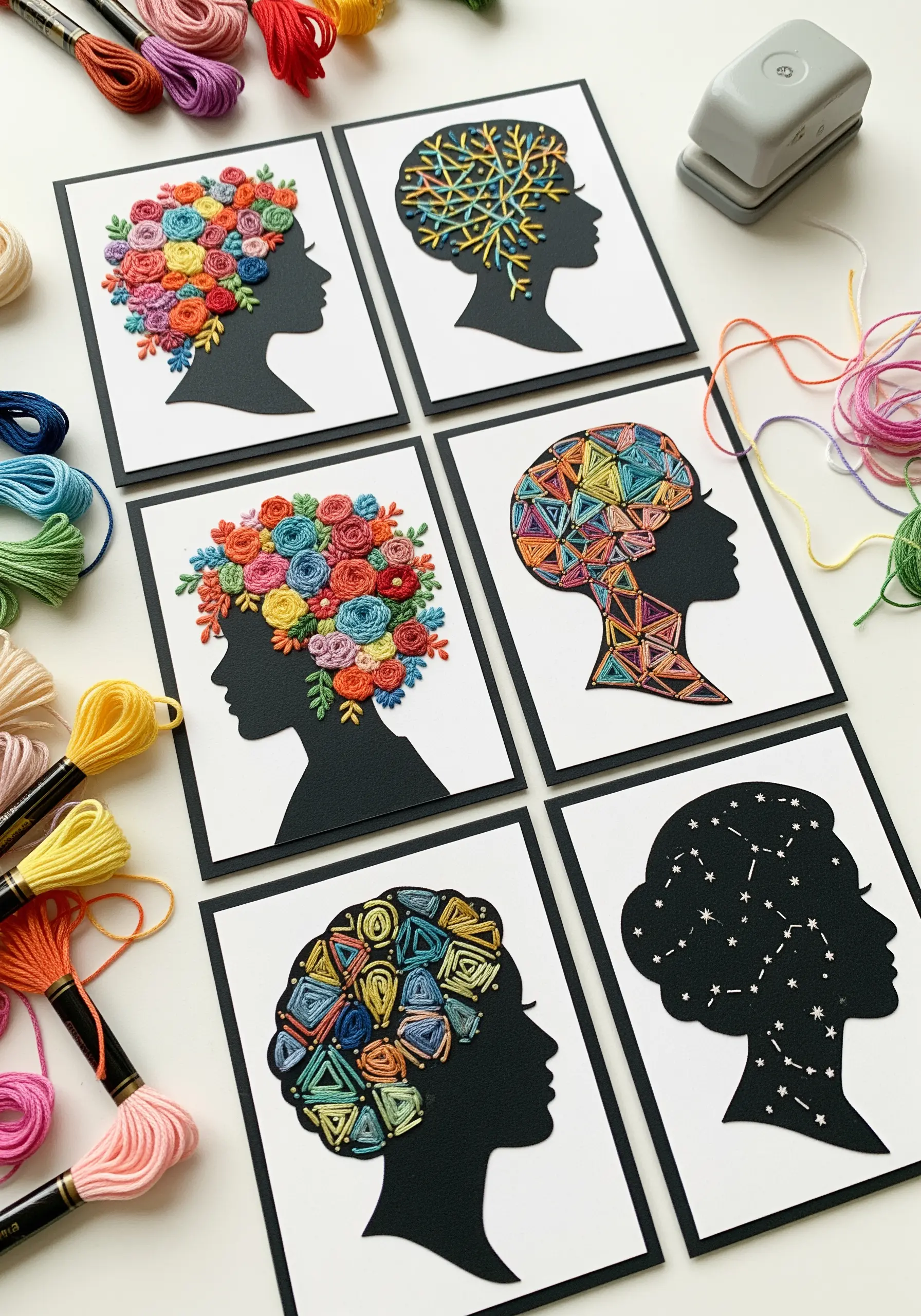 A series of black silhouettes filled with vibrant, textural embroidery like flowers and geometric lines.