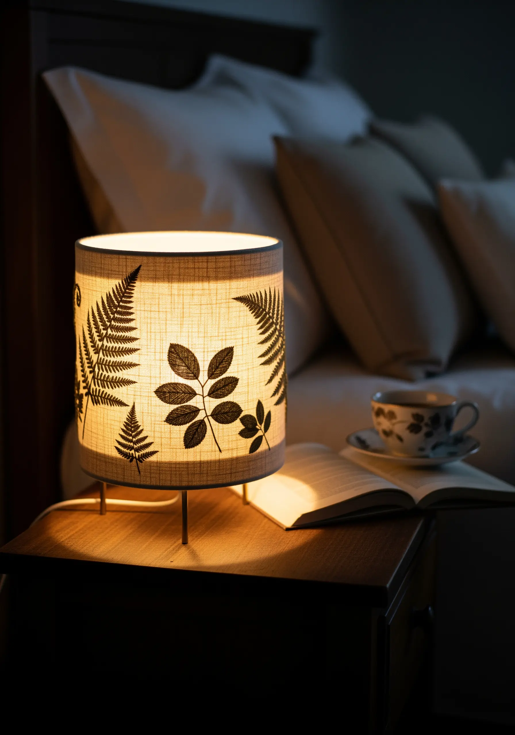 Lampshade with black fern embroidery backlit by bulb