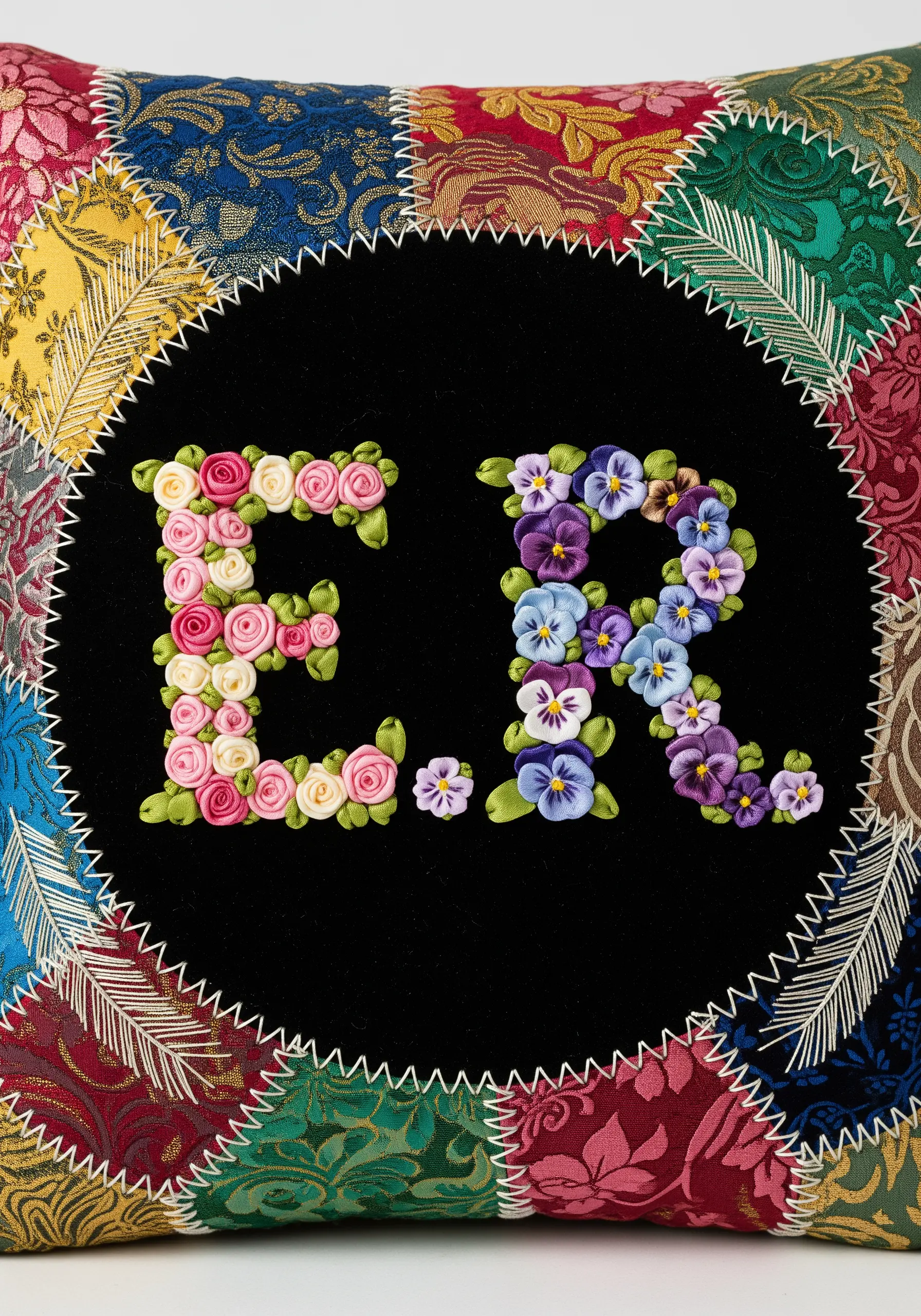 Black pillow with colorful silk ribbon embroidery flowers forming letters E.R